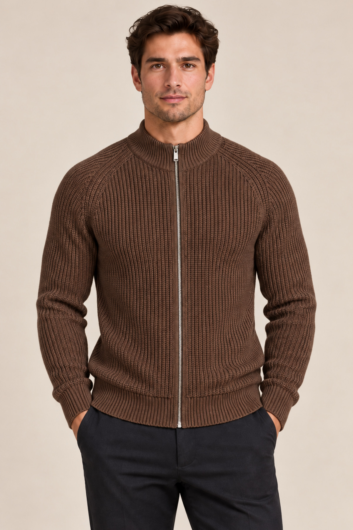 Tarz Cool Erkek Dik Yaka Fermuarlı Slim Fit Triko Hırka — قهوه‌ای HRK19197
