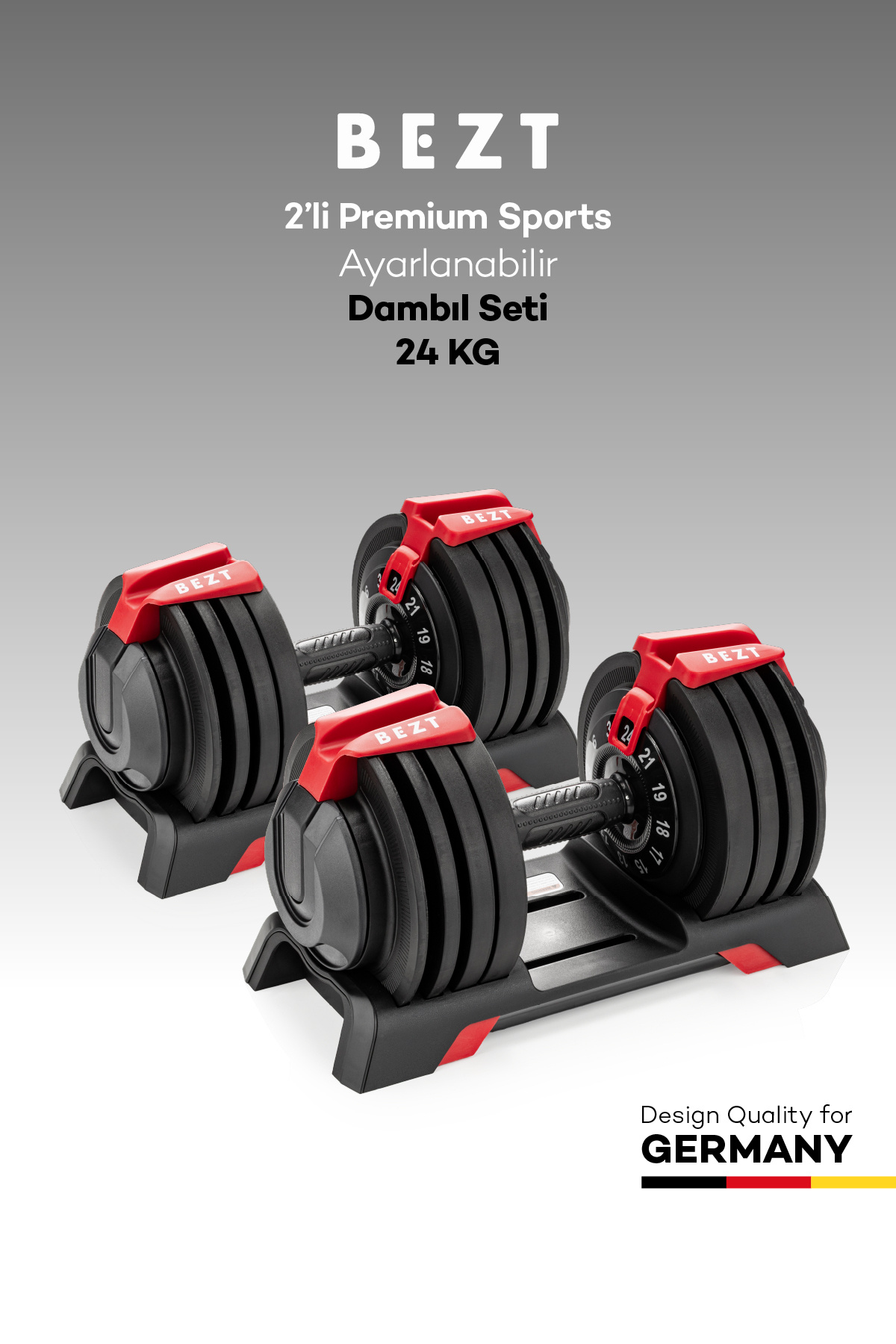 Bezt 2 li Premium Sports Ayarlanabilir Dambıl Seti 24kg KIRMIZI