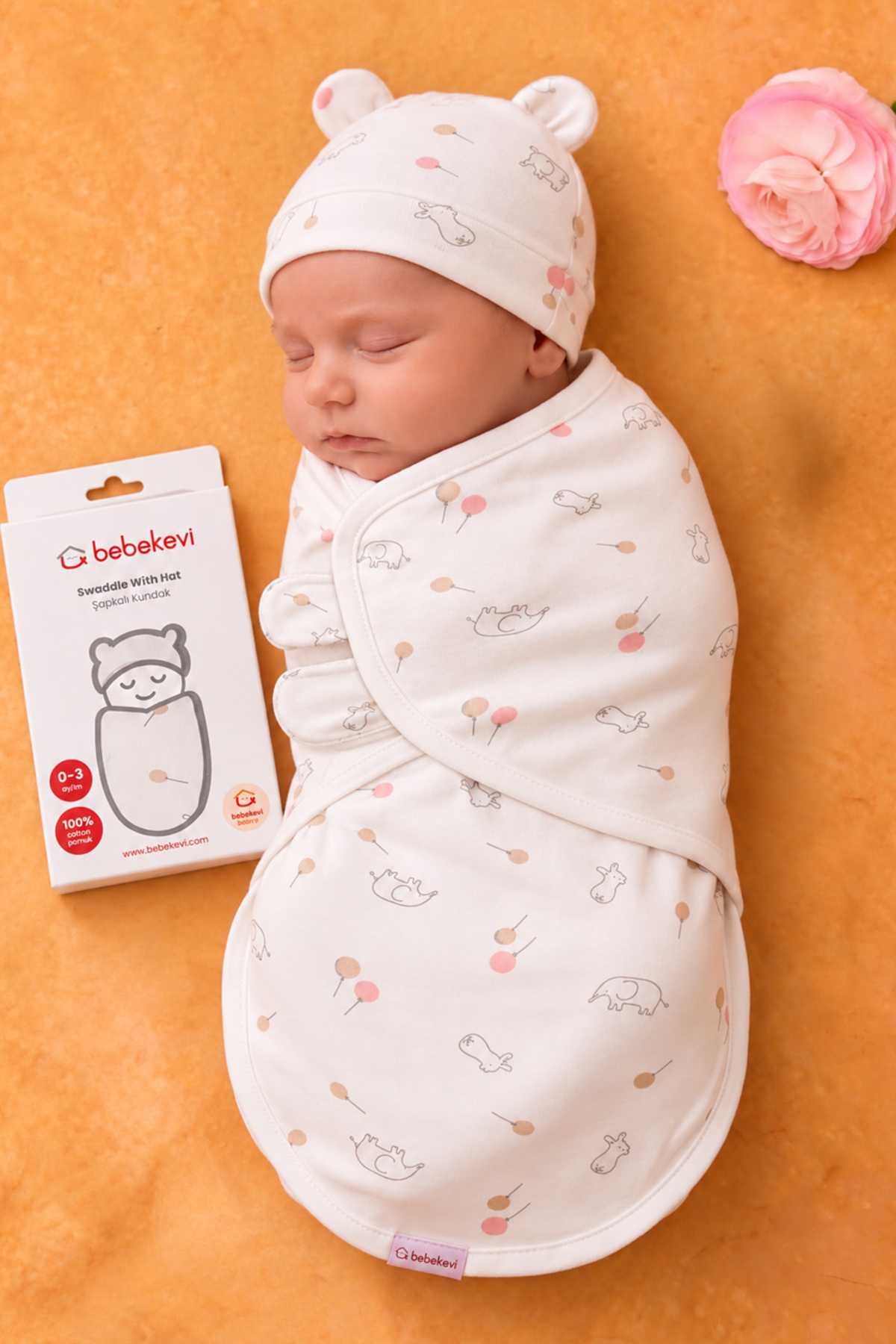 Rocha Baby Kulaklı Şapkalı Cırtlı Pratik Penye Kundak Seti Fil ve Balon ...