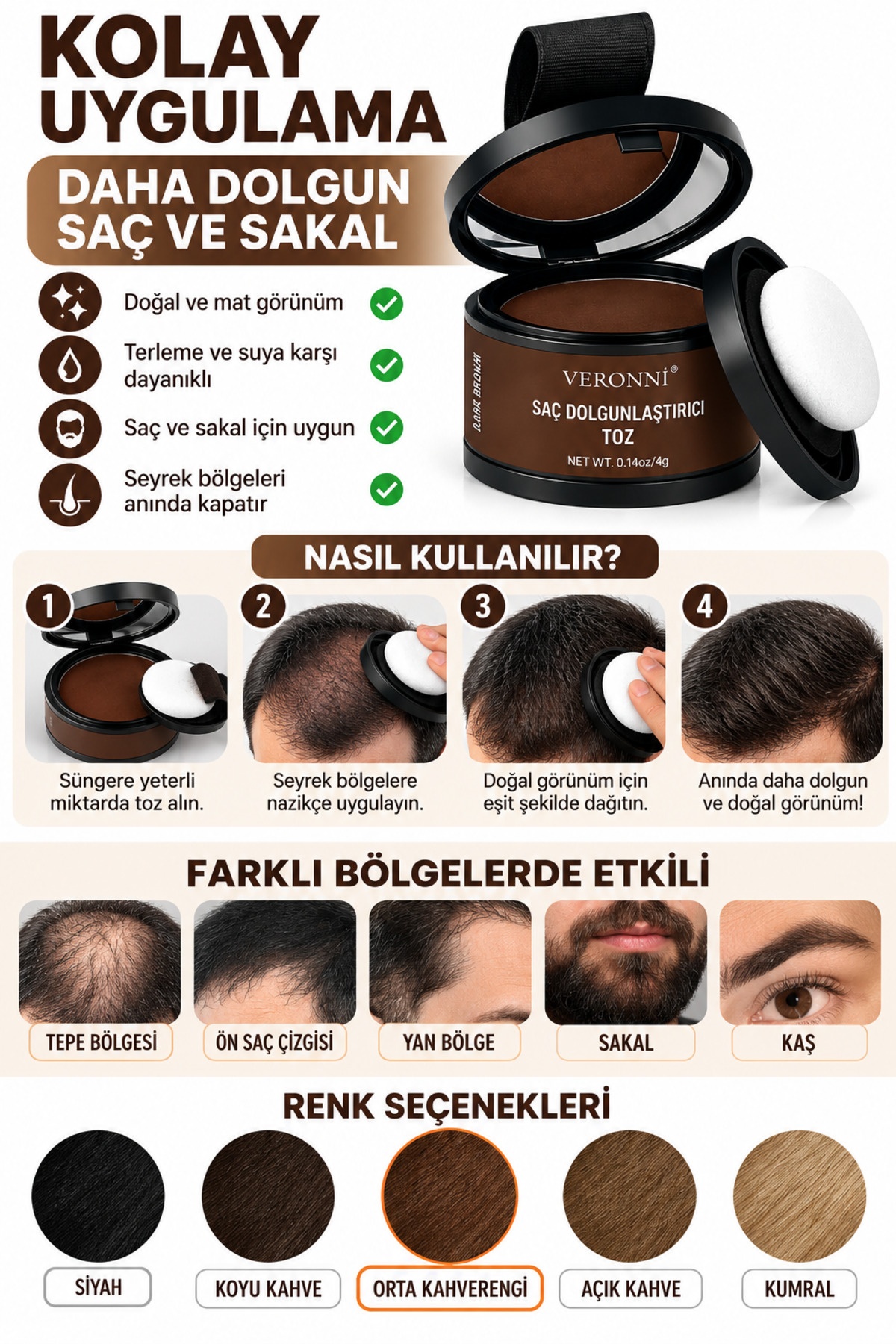 Saç Dolgunlaştırıcı Saç Kapatıcı Orta kahve Pudra | Seyrek Sakal Saçlar için Saç Fiberi | Suda Çıkmaz Boya — قهوه‌ای Kellik kapatıcı sakal saç kapatici — تصویر 4 از 4