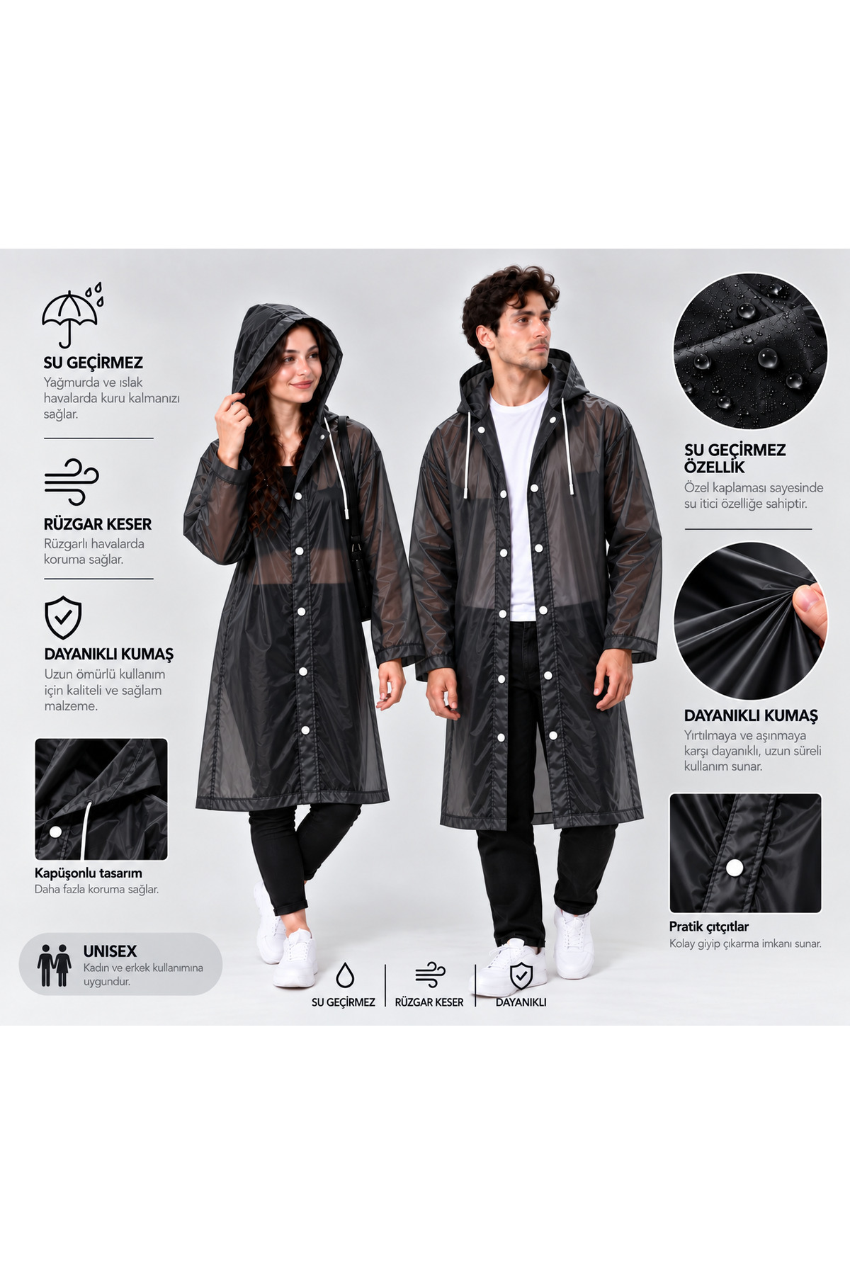 Unisex Siyah Yağmurluk Kapüşonlu Su Geçirmez Yağmurluk — مشکی vea221