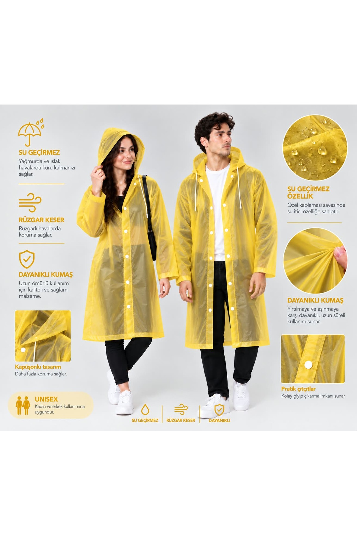 Unisex Sarı Şeffaf Yağmurluk Kapüşonlu Su Geçirmez Yağmurluk — زرد vea223