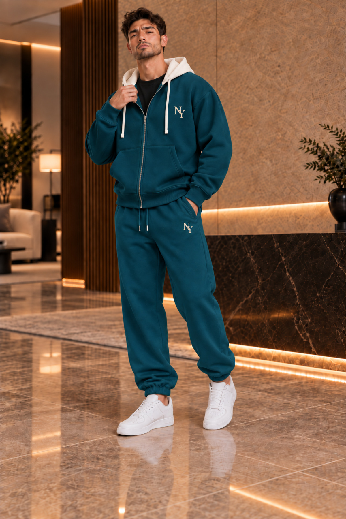 Premium Unisex Baskılı Kapüşonlu Fermuarlı Hırka Eşofman Takımı 3 İplik Şardonlu — آبی FECCY-F.KAPŞON-JOGGER-KOMBİN-02 — تصویر 4 از 5