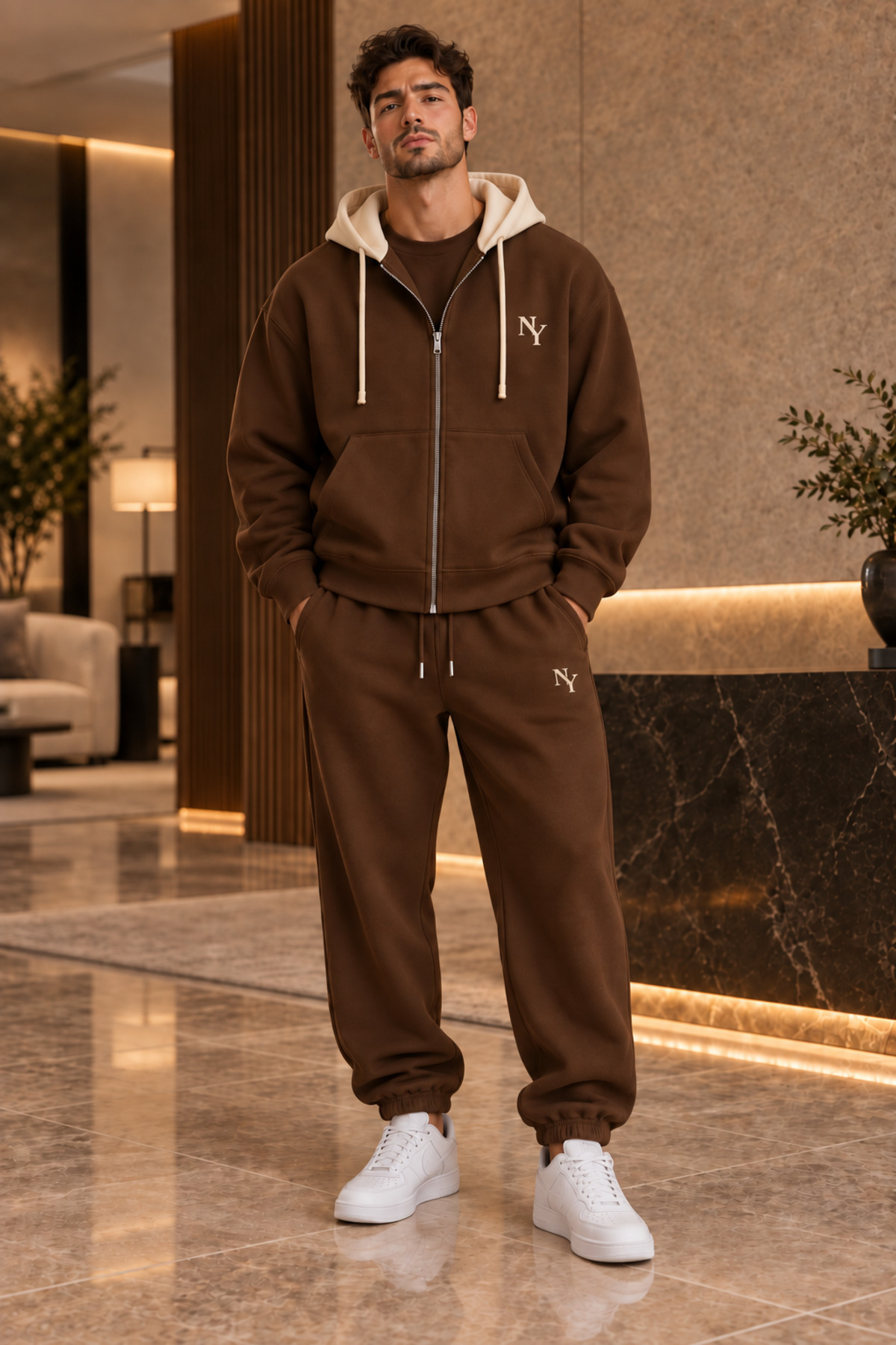 Premium Unisex Baskılı Kapüşonlu Fermuarlı Hırka Eşofman Takımı 3 İplik Şardonlu — قهوه‌ای FECCY-F.KAPŞON-JOGGER-KOMBİN-02 — تصویر 2 از 5
