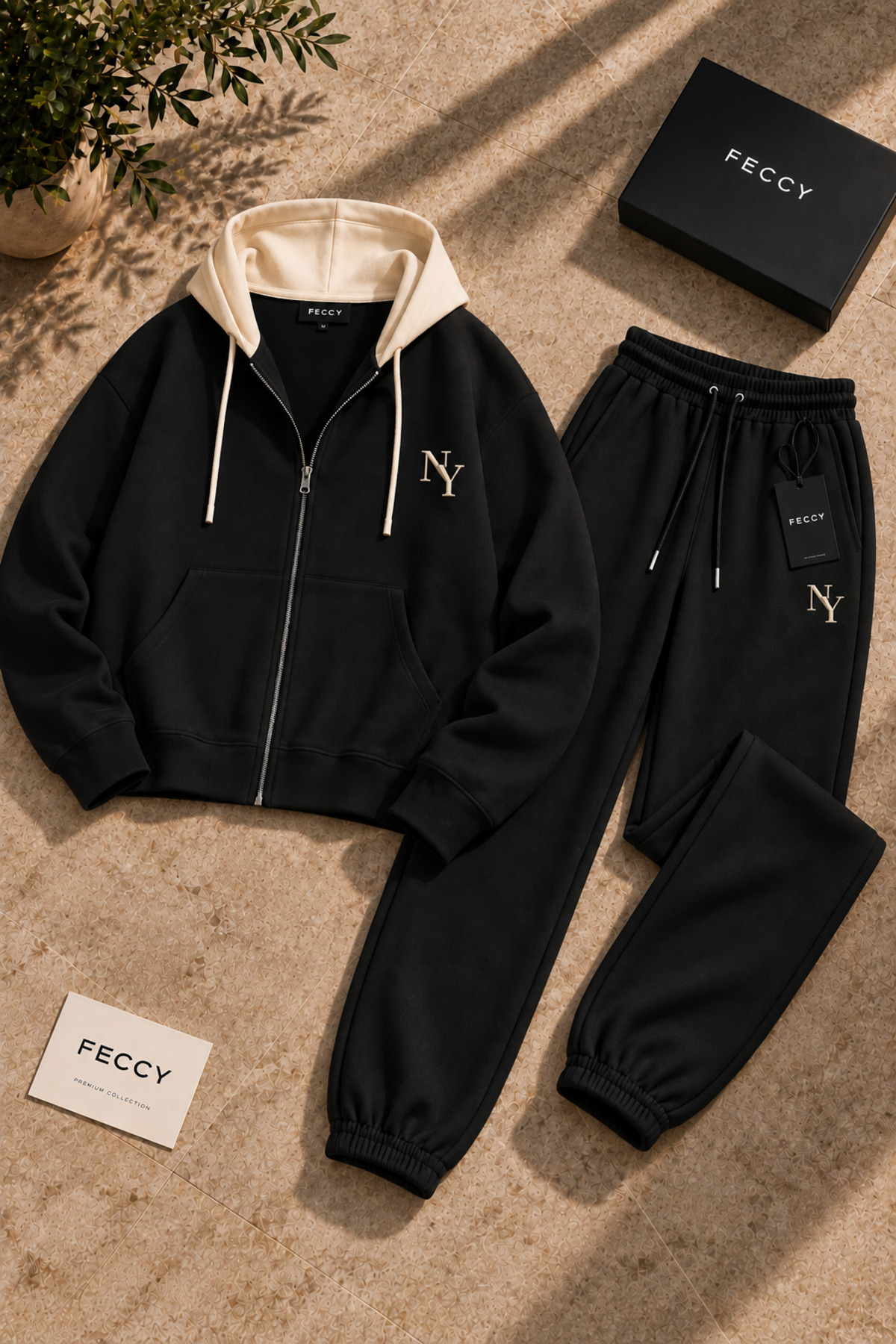 Premium Unisex Baskılı Kapüşonlu Fermuarlı Hırka Eşofman Takımı 3 İplik Şardonlu — مشکی FECCY-F.KAPŞON-JOGGER-KOMBİN-02