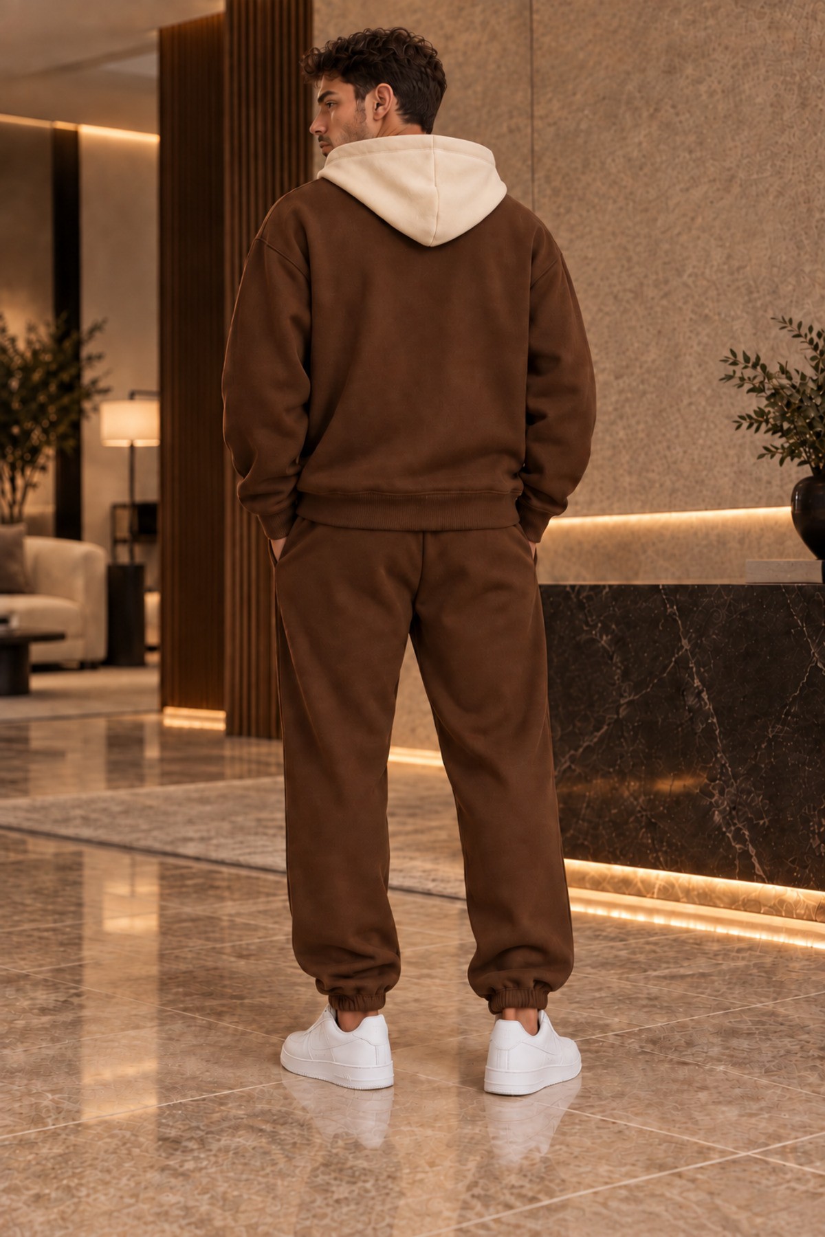 Premium Unisex Baskılı Kapüşonlu Fermuarlı Hırka Eşofman Takımı 3 İplik Şardonlu — قهوه‌ای FECCY-F.KAPŞON-JOGGER-KOMBİN-02 — تصویر 5 از 5