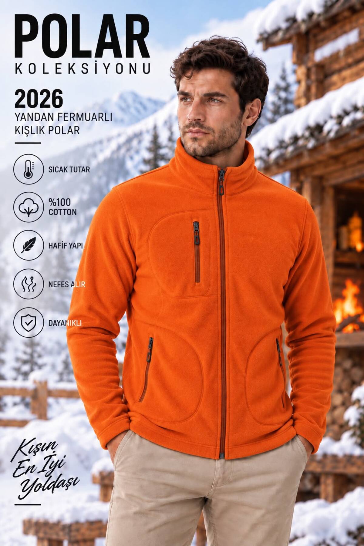 Unisex Rüzgar Geçirmez 3 Cepli Pro Outdoor Tam Fermuarlı Polar Ceket Hırka — نارنجی 3032