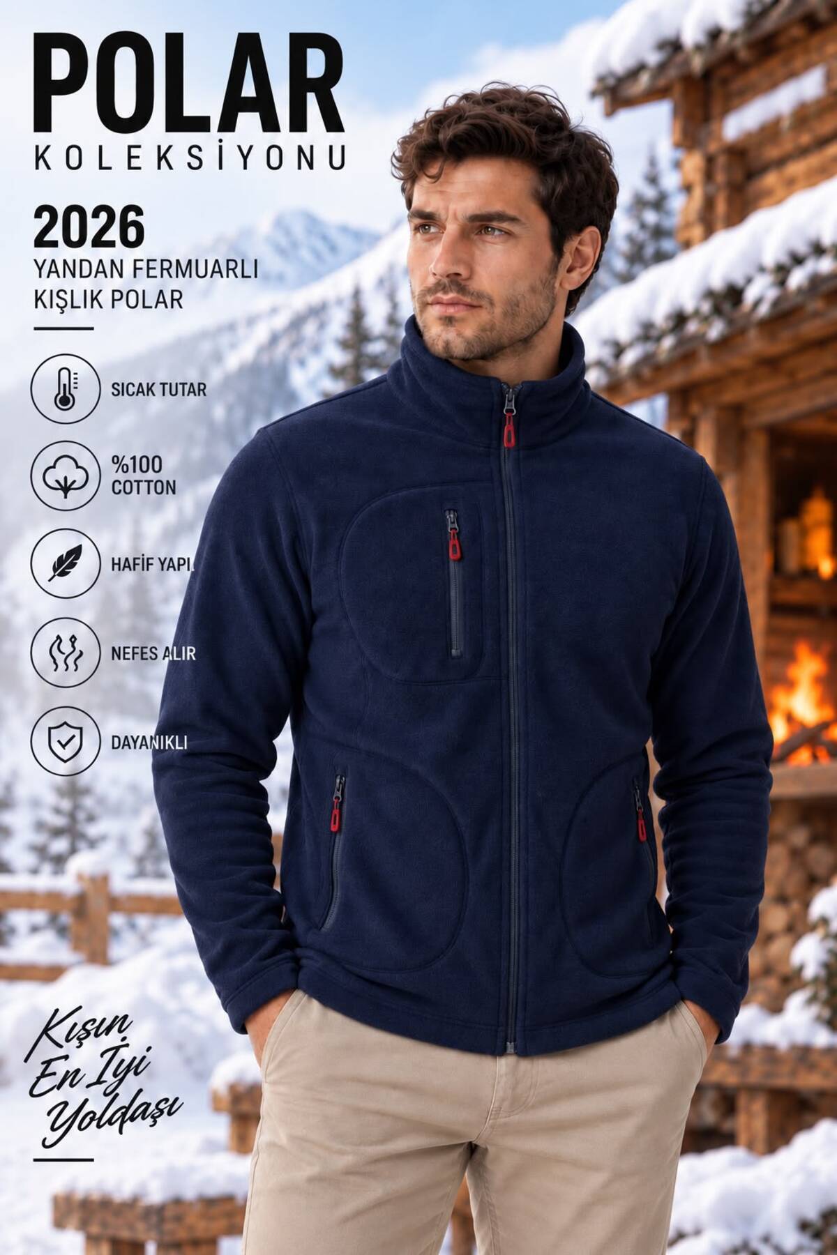 Unisex Rüzgar Geçirmez 3 Cepli Pro Outdoor Tam Fermuarlı Polar Ceket Hırka — سرمه‌ای 3032