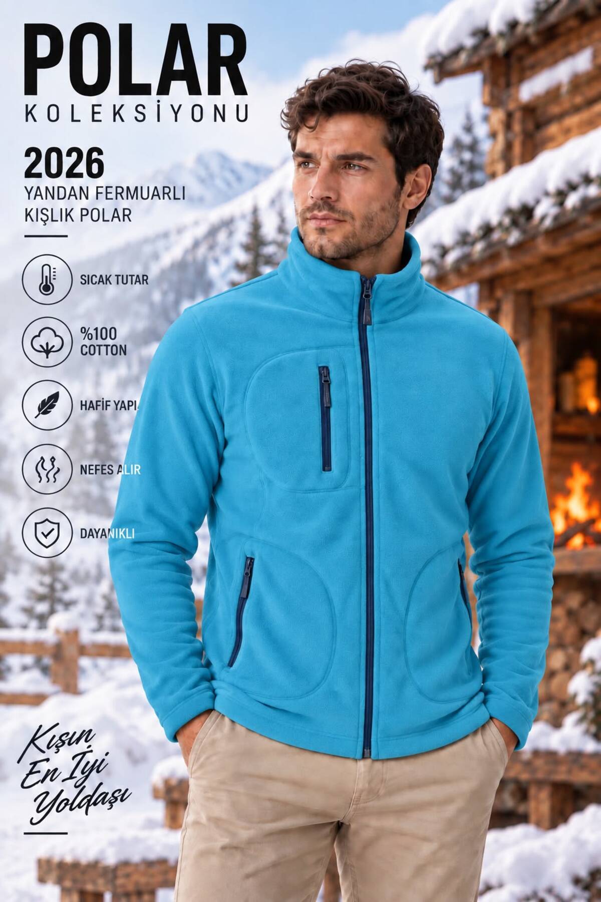 Unisex Rüzgar Geçirmez 3 Cepli Pro Outdoor Tam Fermuarlı Polar Ceket Hırka — آبی 3032