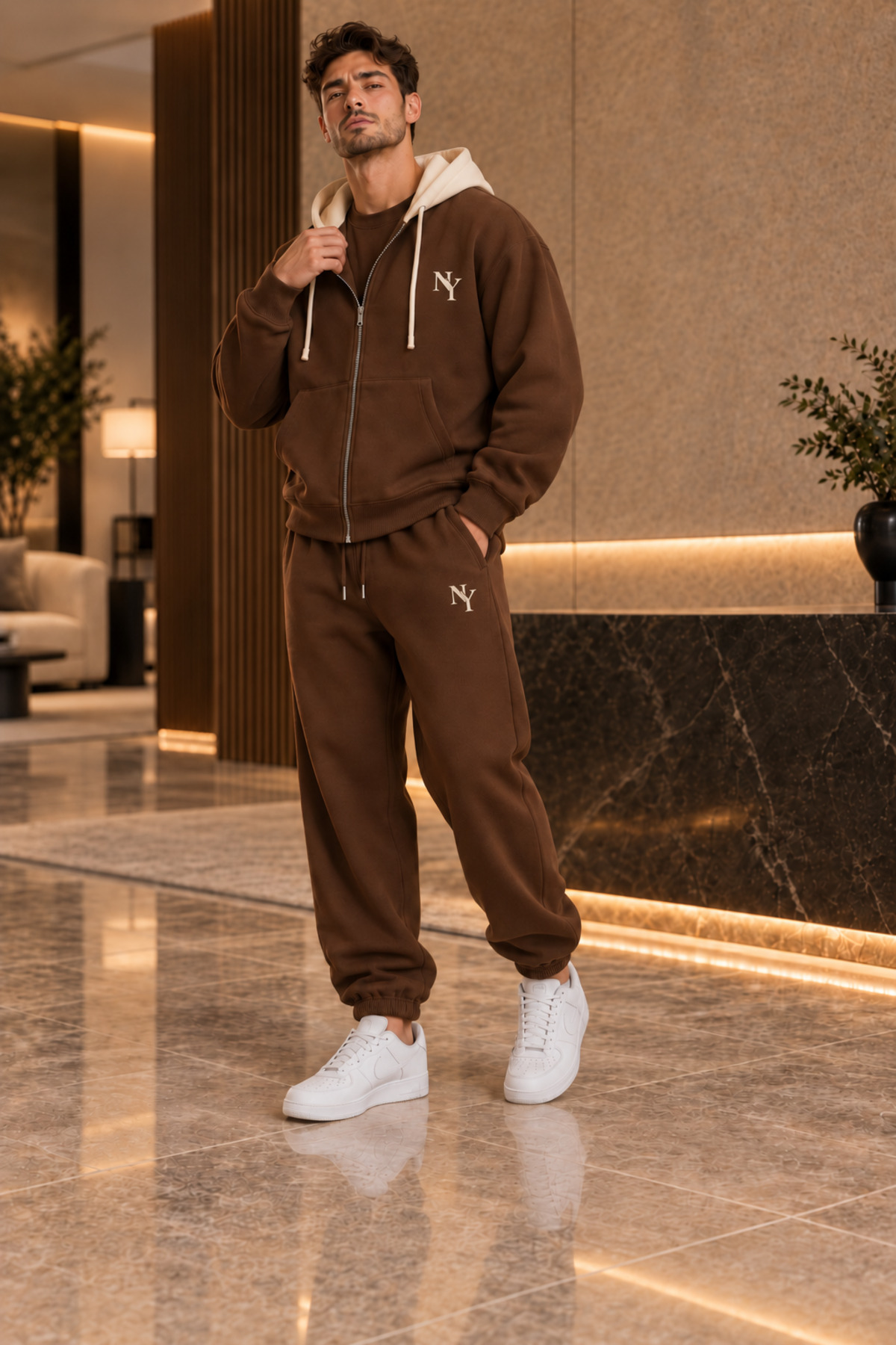 Premium Unisex Baskılı Kapüşonlu Fermuarlı Hırka Eşofman Takımı 3 İplik Şardonlu — قهوه‌ای FECCY-F.KAPŞON-JOGGER-KOMBİN-02 — تصویر 4 از 5