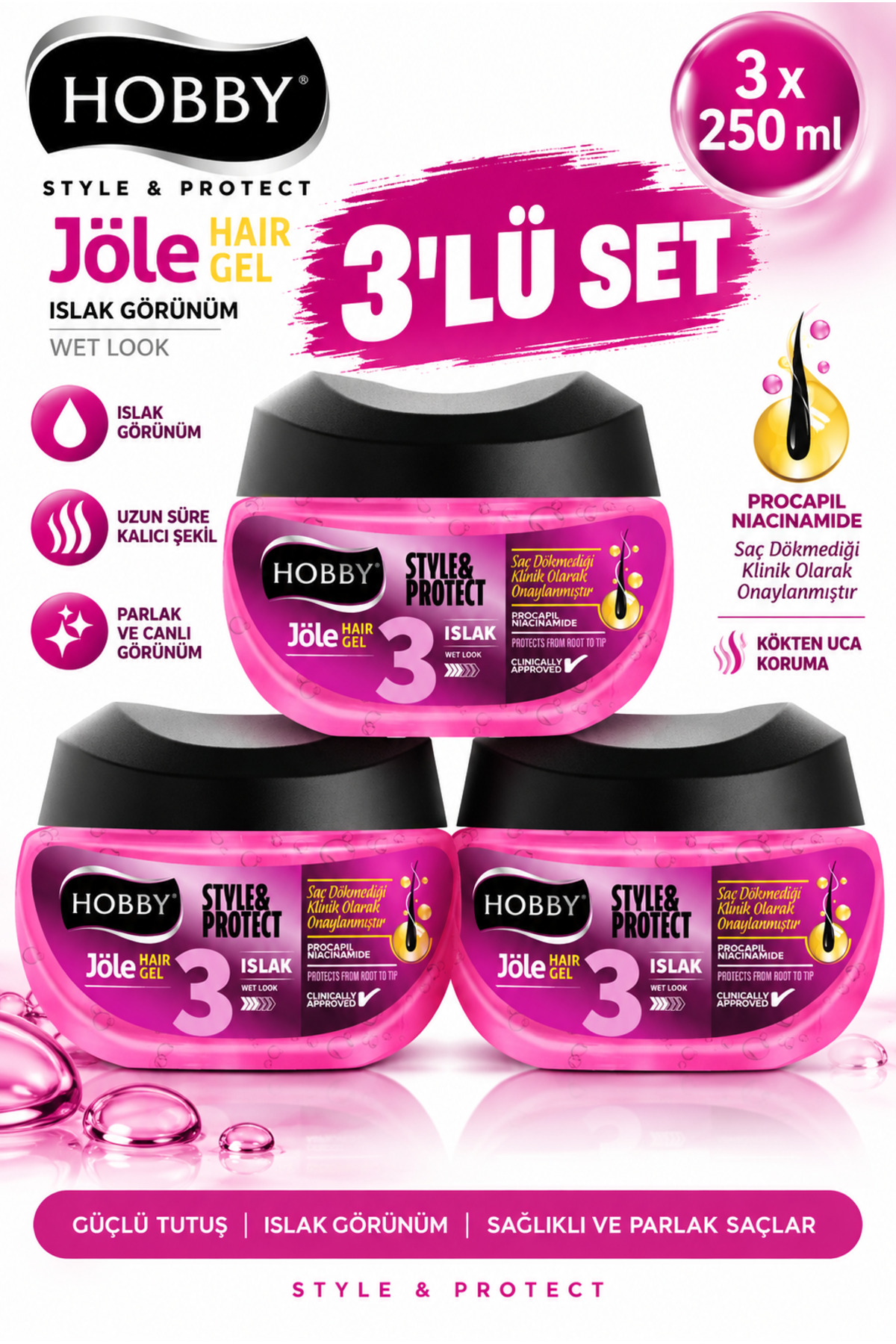 Hobby Saç Jölesi Style Protect Islak Görünüm Sağlıklı ve Parlak Saçlar 250 ml 3 Adet — NCF--IslakJöle3Adet