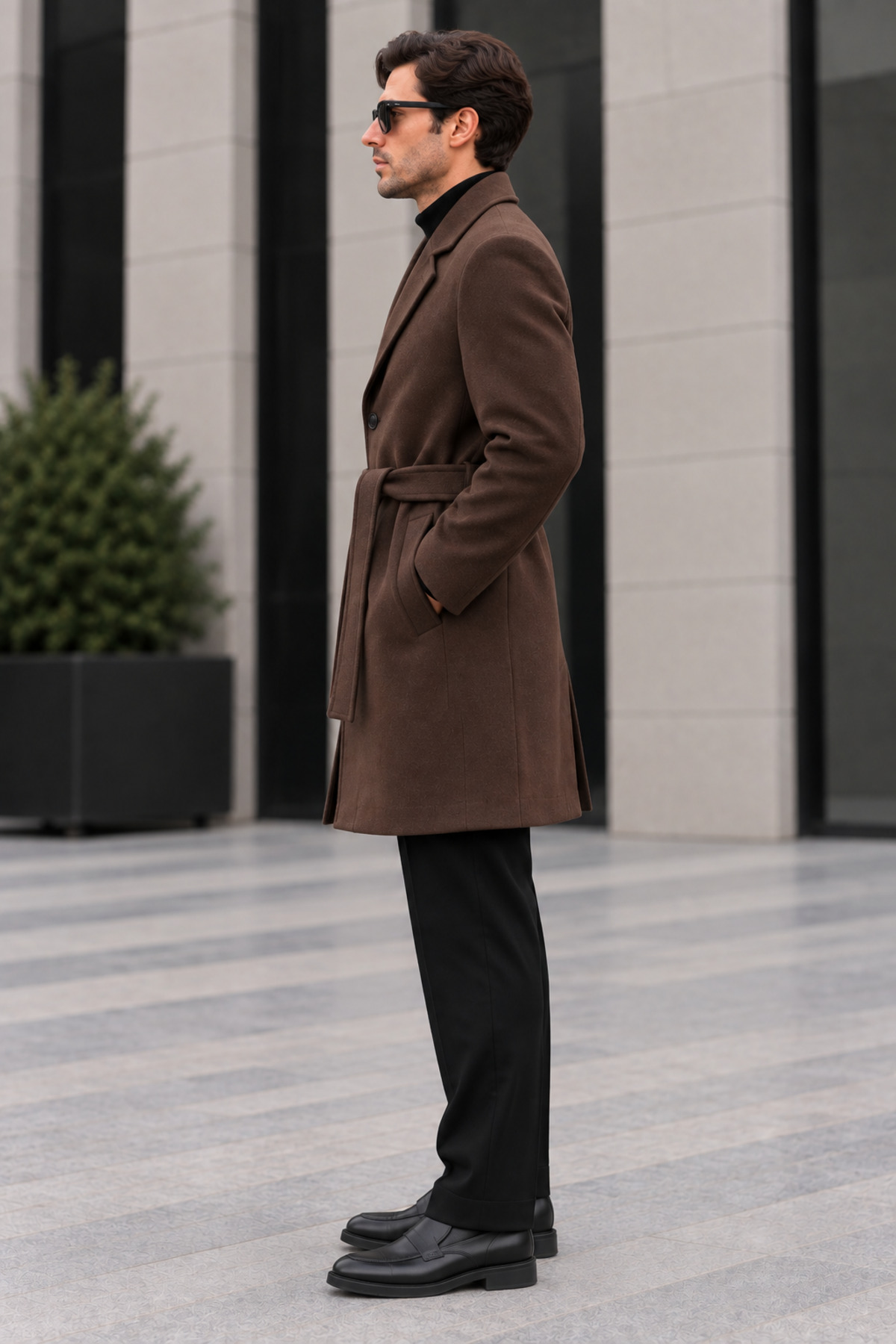 Erkek Oversize Kemerli Kaşe Kaban — قهوه‌ای kemerli palto — تصویر 2 از 5
