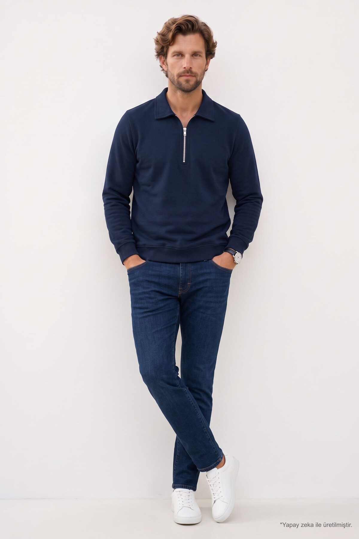 Erkek Regular Fit Klasik Kesim Fermuarlı Selanik Kumaş Lacivert Polo Yaka Sweatshirt — سرمه‌ای SW270007 — تصویر 2 از 7