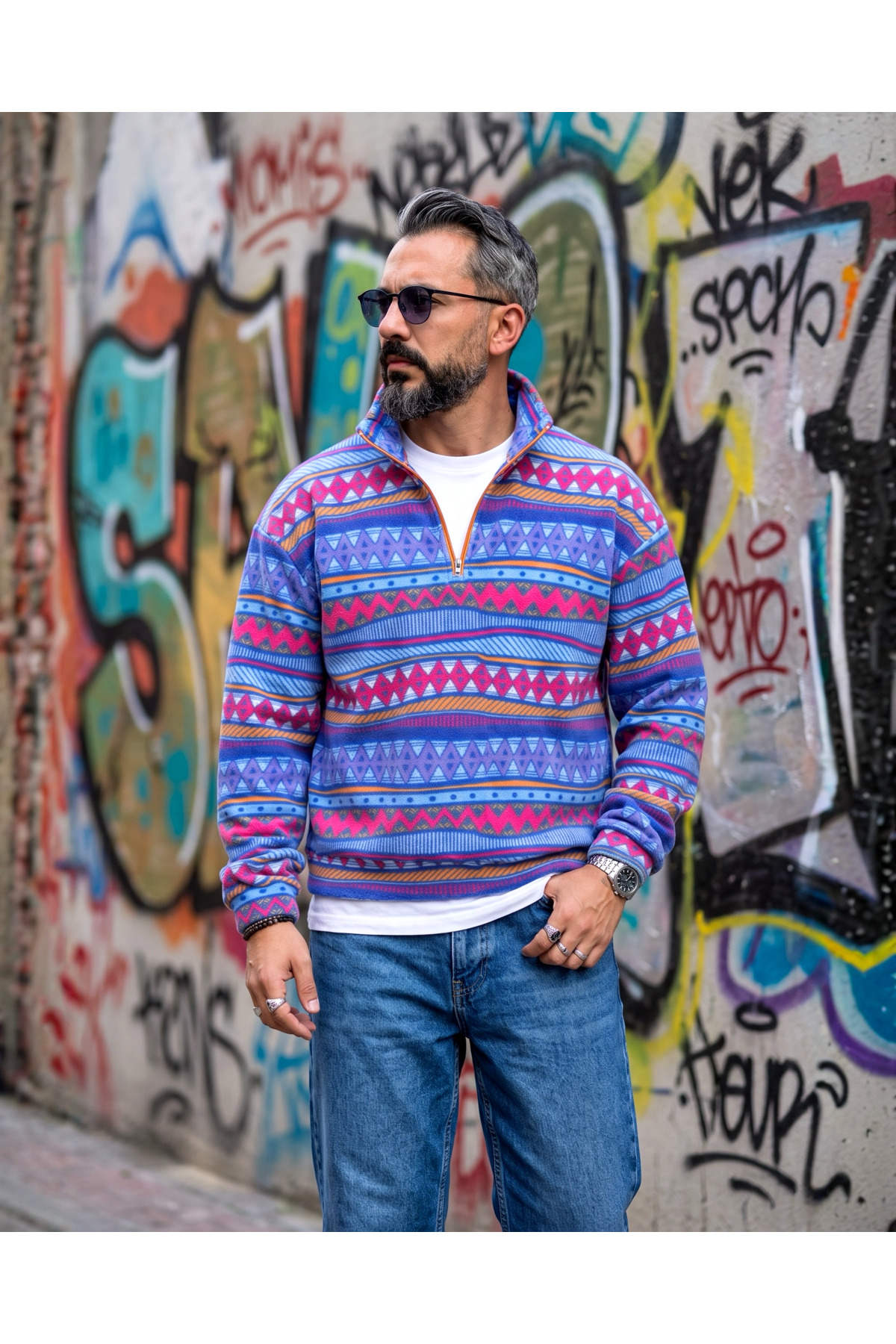 Erkek Aspen 88 Retro Desenli Yarım Fermuarlı Polar Sweatshirt — آبی ASPH0520 — تصویر 3 از 6