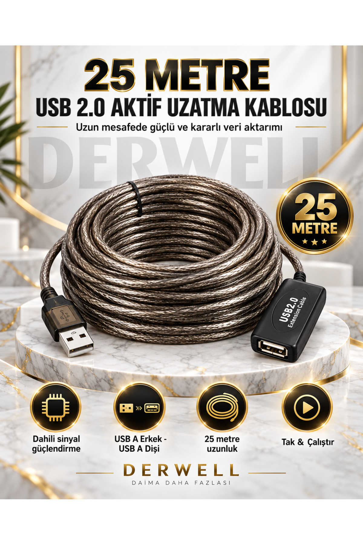 Yeni 2026 25 Metre USB 2.0 Aktif Uzatma Kablosu Dahili Güçlendirilmiş Sinyal Çipli Kopma Donma Yapmaz Tak Çalıştır Erkek Dişi Yüksek Hızlı Kararlı Veri Aktarım Kablosu Gold Seri Premium