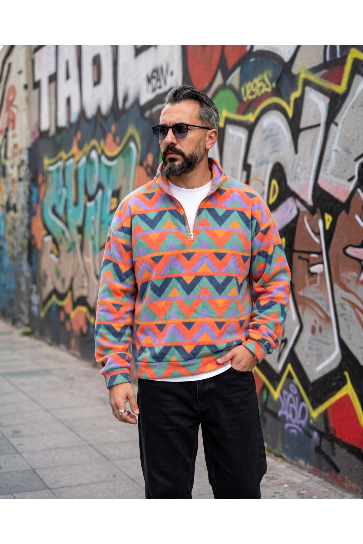 Erkek Aspen 88 Retro Desenli Yarım Fermuarlı Polar Sweatshirt — نارنجی ASPH0520 — تصویر 4 از 6
