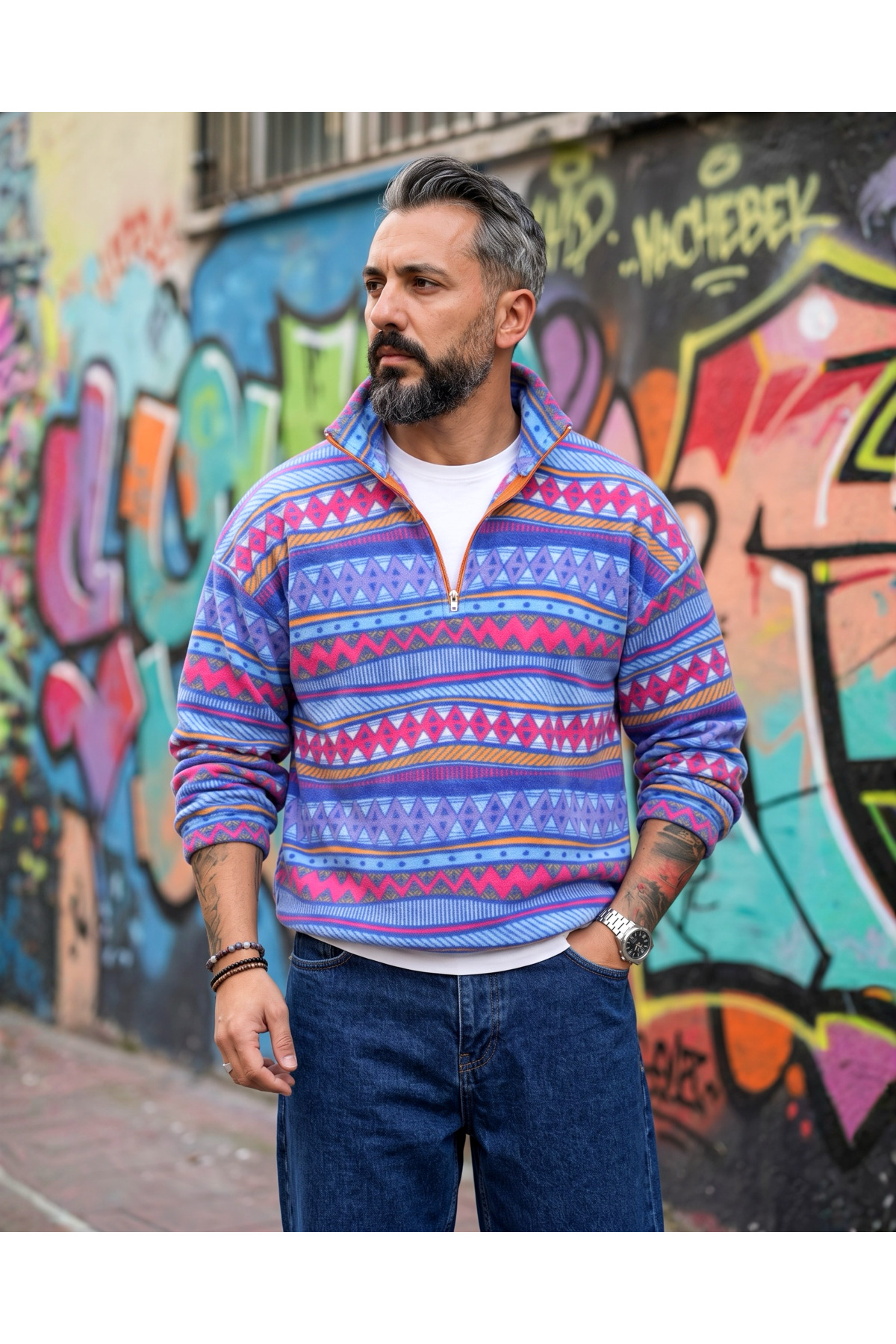 Erkek Aspen 88 Retro Desenli Yarım Fermuarlı Polar Sweatshirt — آبی ASPH0520 — تصویر 4 از 6
