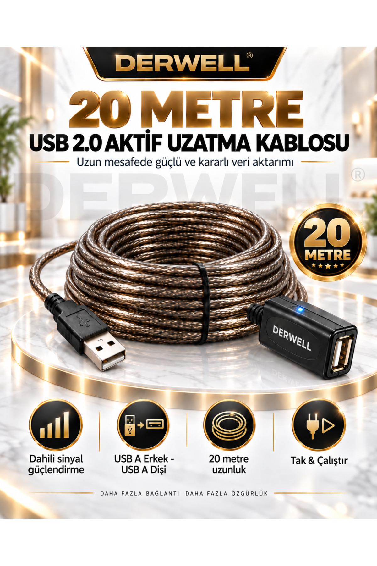 Yeni 2026 20 Metre USB 2.0 Aktif Uzatma Kablosu Dahili Güçlendirilmiş Sinyal Çipli Kopma Donma Yapmaz Tak Çalıştır Erkek Dişi Yüksek Hızlı Kararlı Veri Aktarım Kablosu Gold Seri Premium