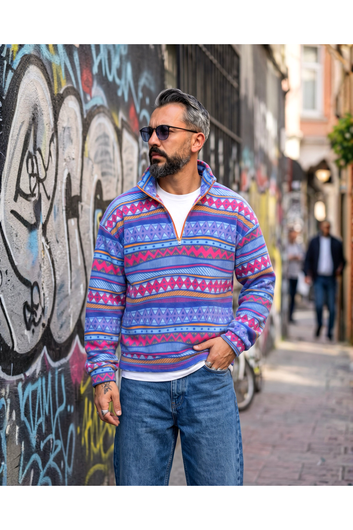 Erkek Aspen 88 Retro Desenli Yarım Fermuarlı Polar Sweatshirt — آبی ASPH0520 — تصویر 2 از 6