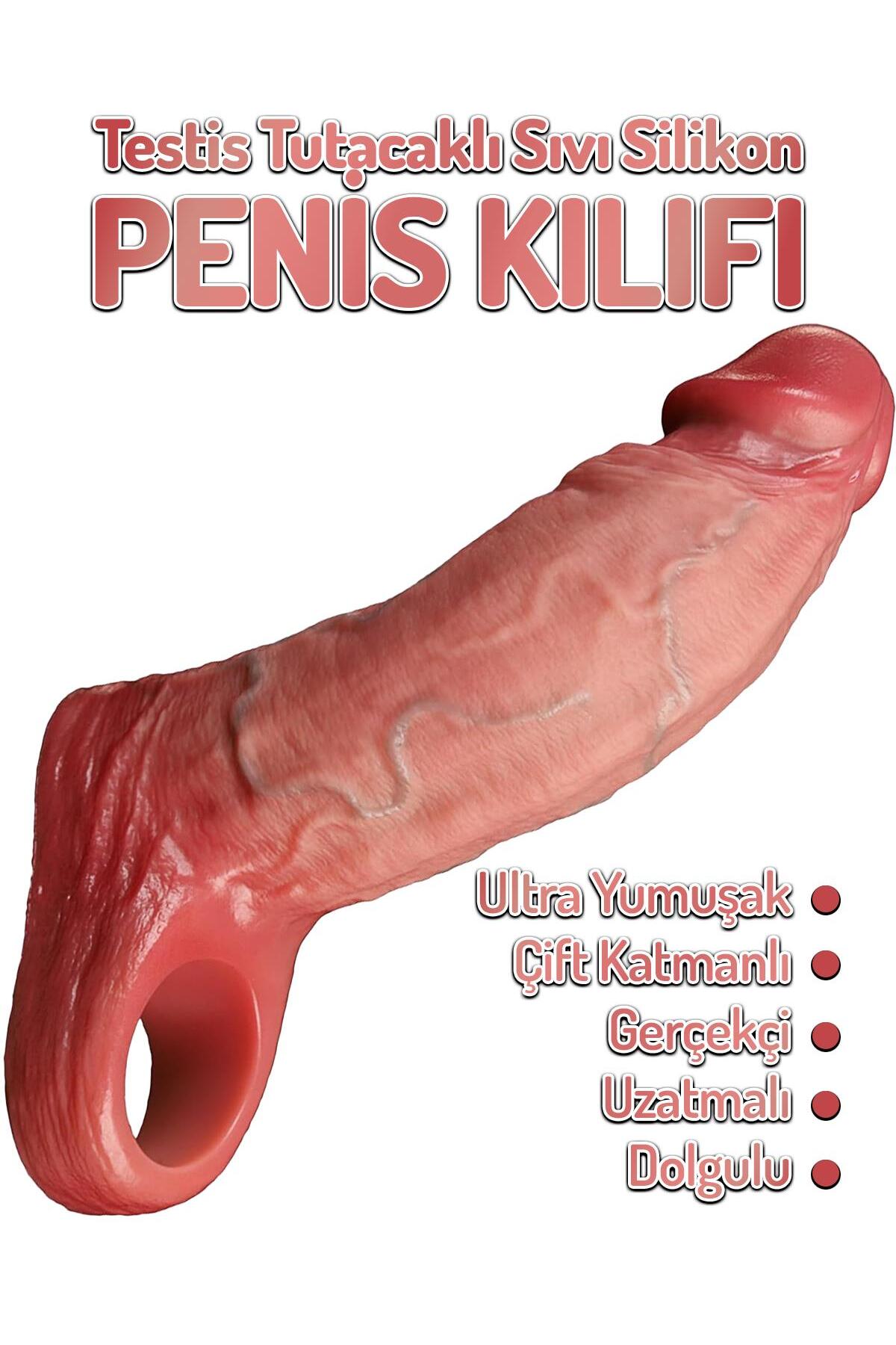 Kalınlaştırıcı Dolgulu 3 Cm Uzatmalı Sıvı Silikon 16,5 Cm Testis Tutacaklı Realistik Penis Kılıfı