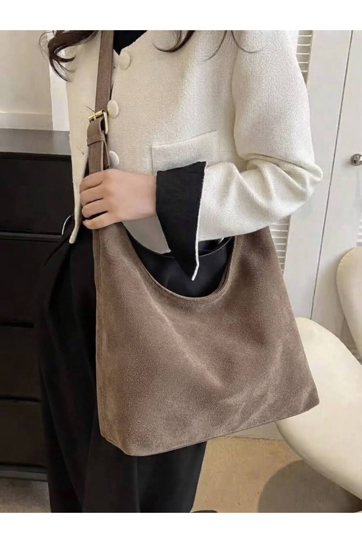 Süet - Vizon MODA Büyük Boy Kadın Tote Omuz Çantası, Kaliteli Tasarım Süet Kadın Çantası