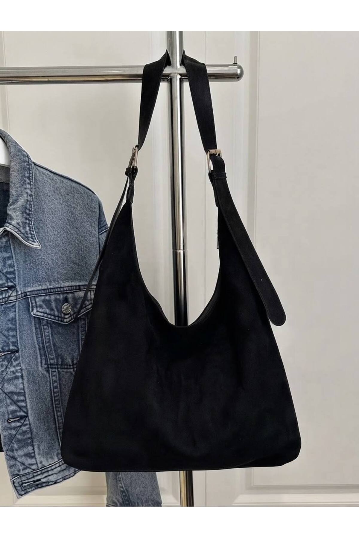 Süet - Siyah MODA Büyük Boy Kadın Tote Omuz Çantası, Kaliteli Tasarım Süet Kadın Çantası görünüm 4