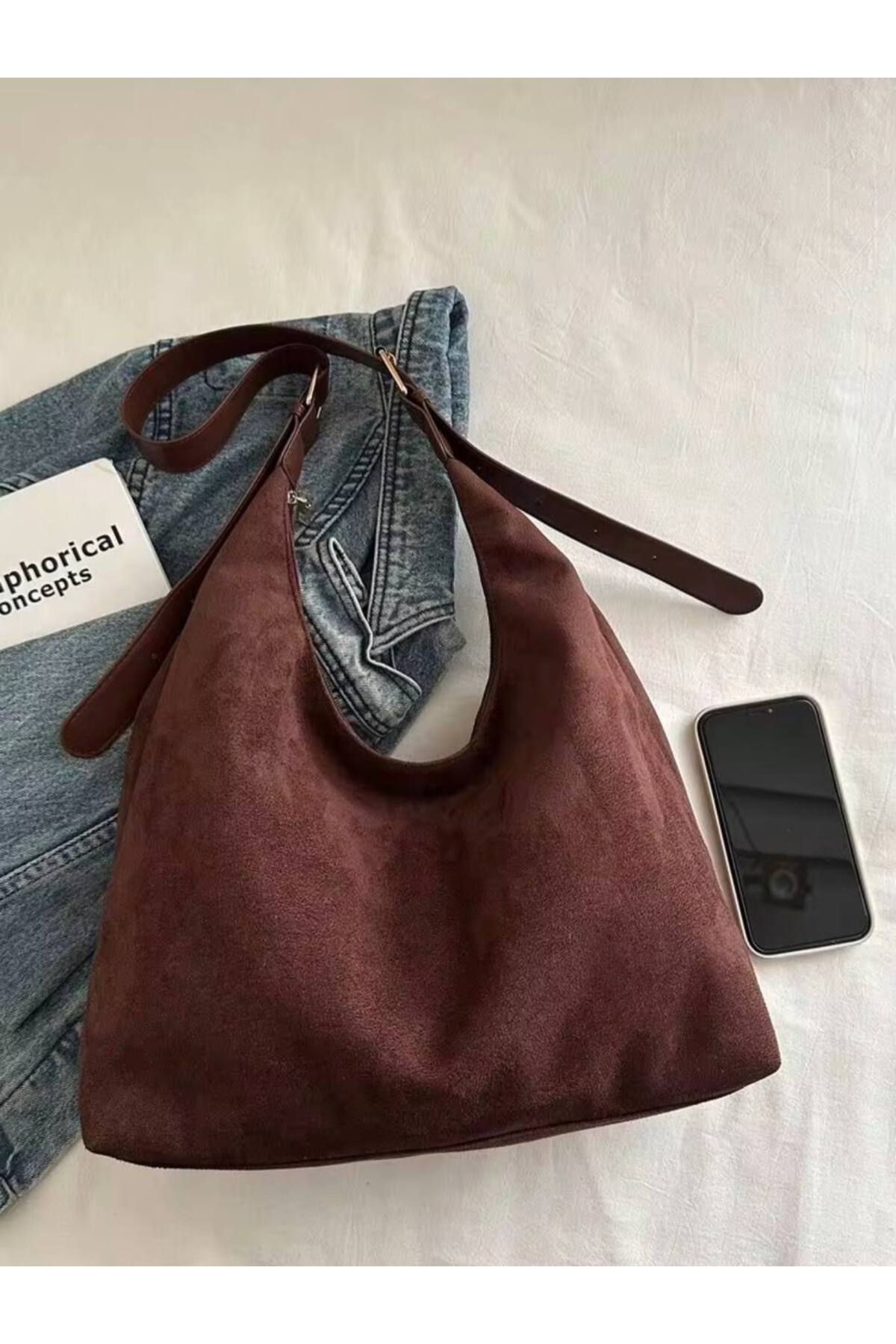 Süet - Acıkahve MODA Büyük Boy Kadın Tote Omuz Çantası, Kaliteli Tasarım Süet Kadın Çantası