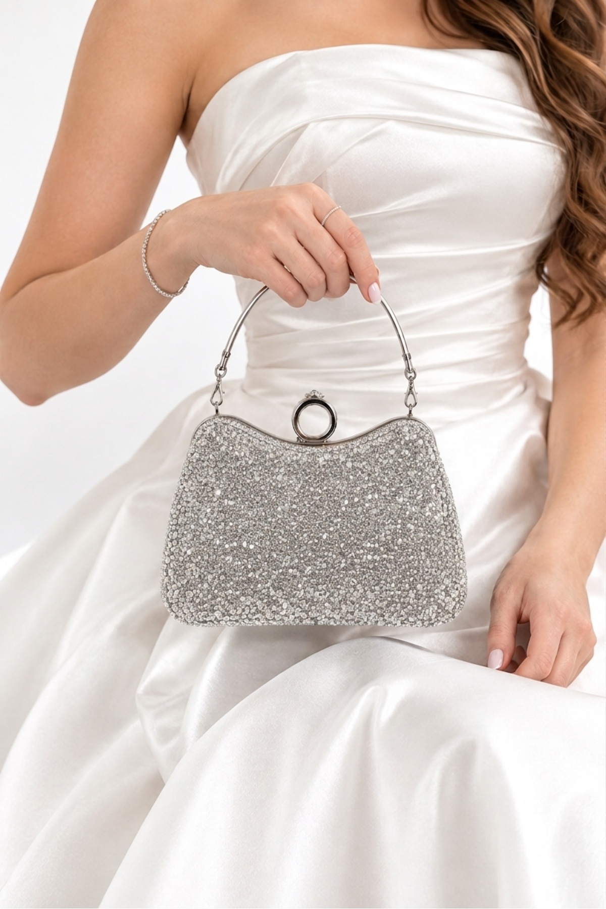 Jale Kadın Şık Gümüş Kol Ve Omuz Clutch Portföy Taşlı Abiye Çanta