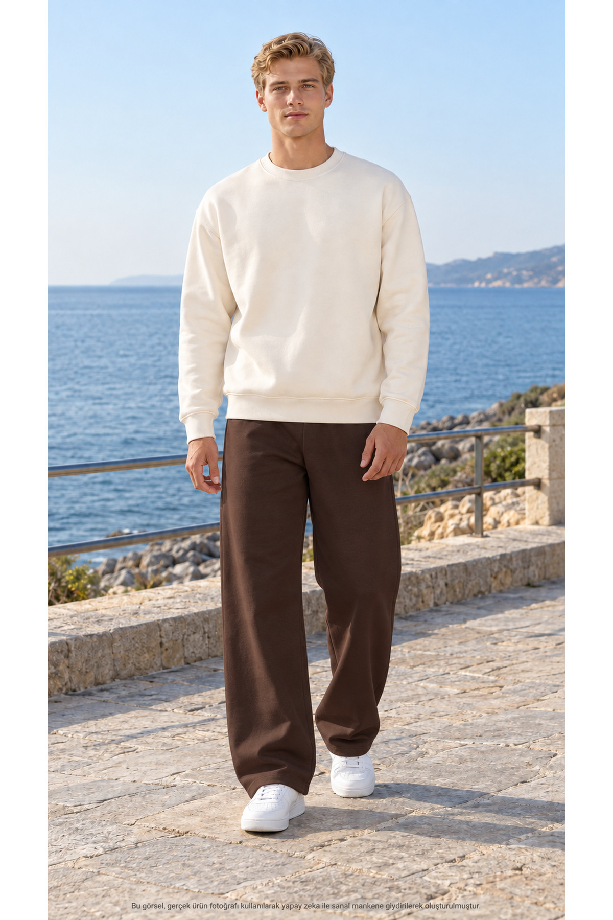 Erkek Ekru Bisiklet Yaka Sweatshirt - Kahverengi Geniş Paça Eşofman Altı İkili Takım - Rahat Kesim Ev & Sokak Kombini — قهوه‌ای CKTK24098