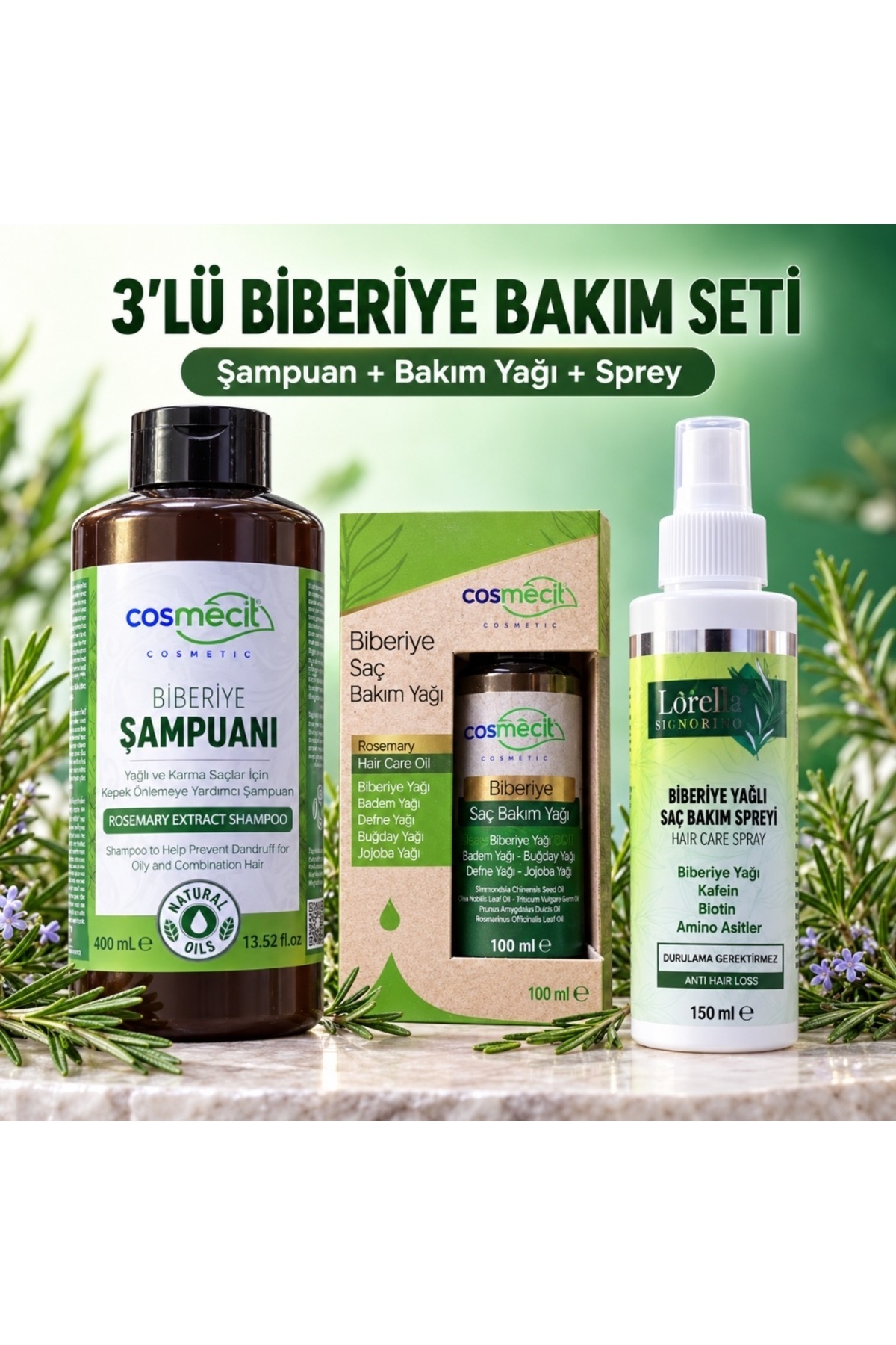 3'lü Biberiye Saç Bakım Seti – Şampuan 400 ml + Bakım Yağı 100 ml + Saç Spreyi 150 ml — YLK-BNDL-BBRY-3LU-0469-MDL