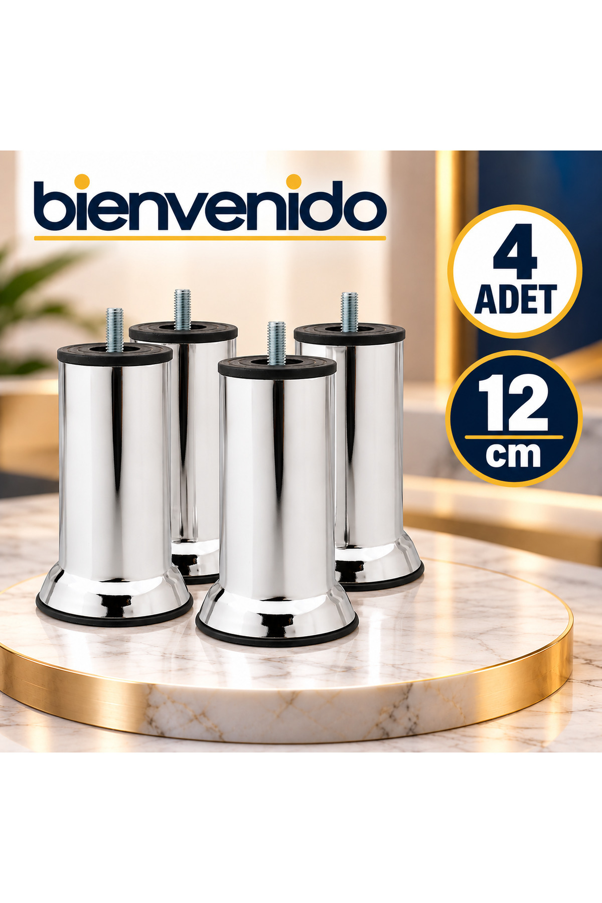 Mobilya Kanepe Baza Yatak Koltuk Destek Yükseltme Ayağı M8 Civatalı Krom Metal Ayakları 12 Cm 4 Adet MA-12-KRM-1, one size