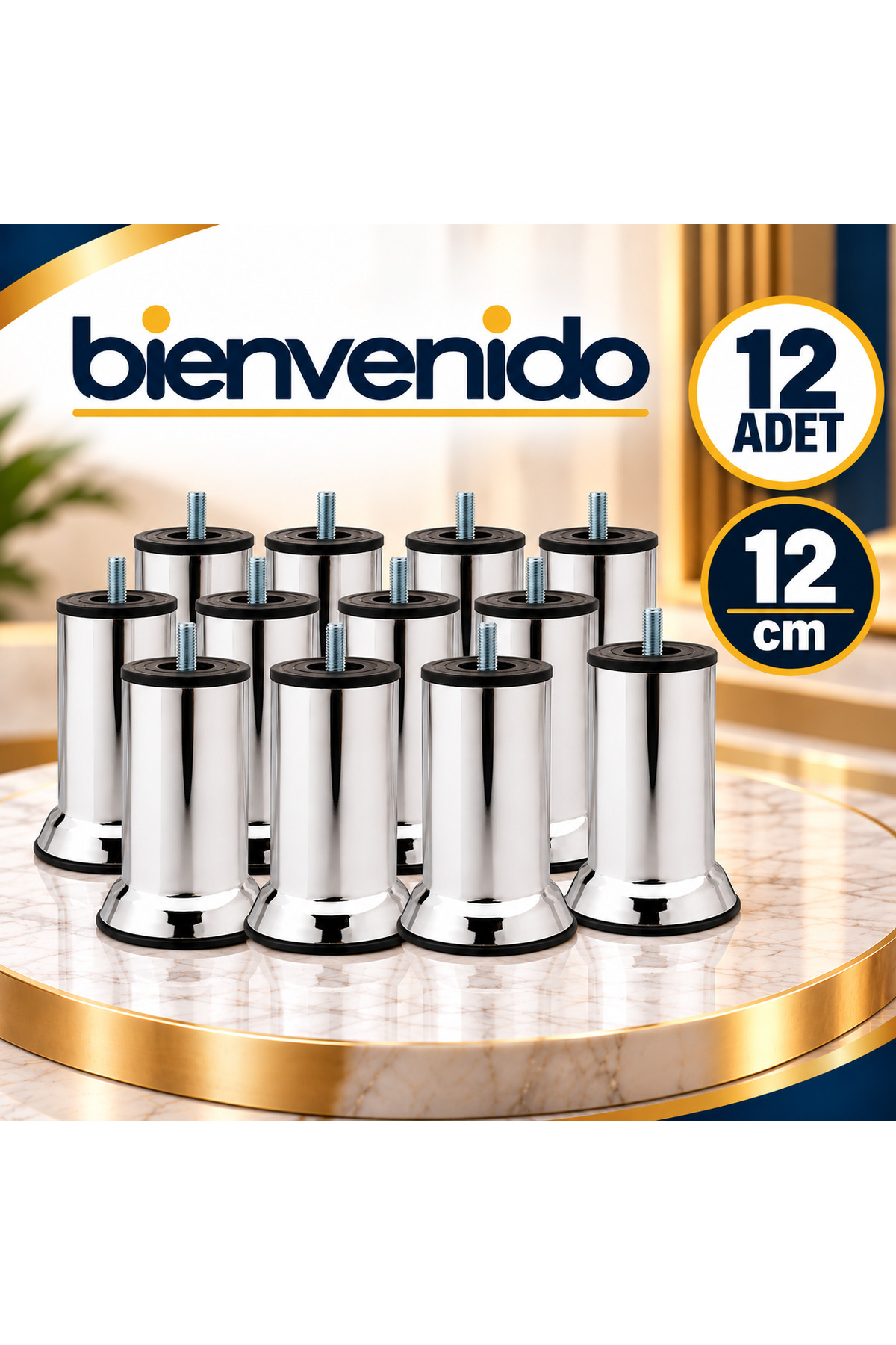Mobilya Kanepe Baza Yatak Koltuk Destek Yükseltme Ayağı M8 Civatalı Krom Metal Ayakları 12 Cm 12 Adet MA-12-KRM-1, one size