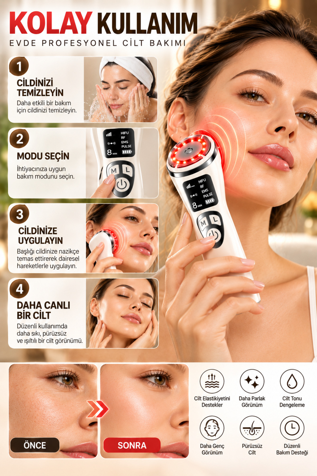 Akıllı RF EMS Yüz Bakım Cihazı 4 Modlu HIFU Ultrason LED Işıklı Cilt Bakım ve Yüz Masaj Aleti — سفید yüzzskincare — تصویر 2 از 7