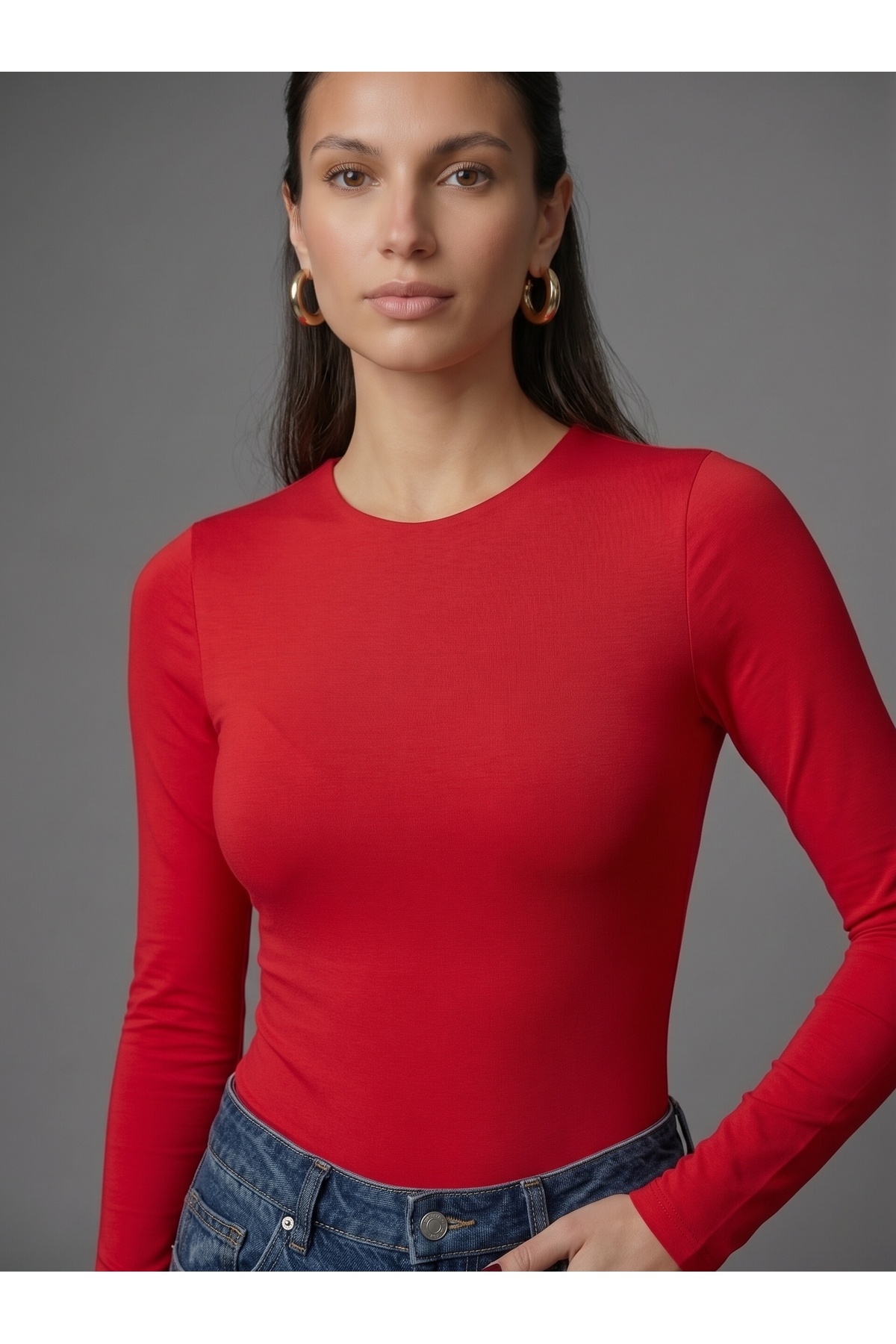 Kadın Uzun Kollu Bisiklet Yaka Çıtçıtlı Slim Fit Esnek Bodysuit - Kırmızı 2