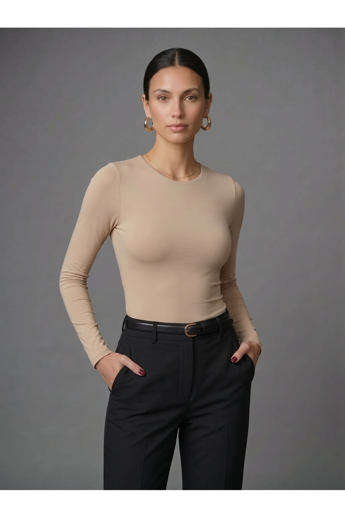 Kadın Uzun Kollu Bisiklet Yaka Çıtçıtlı Slim Fit Esnek Bodysuit - Bej