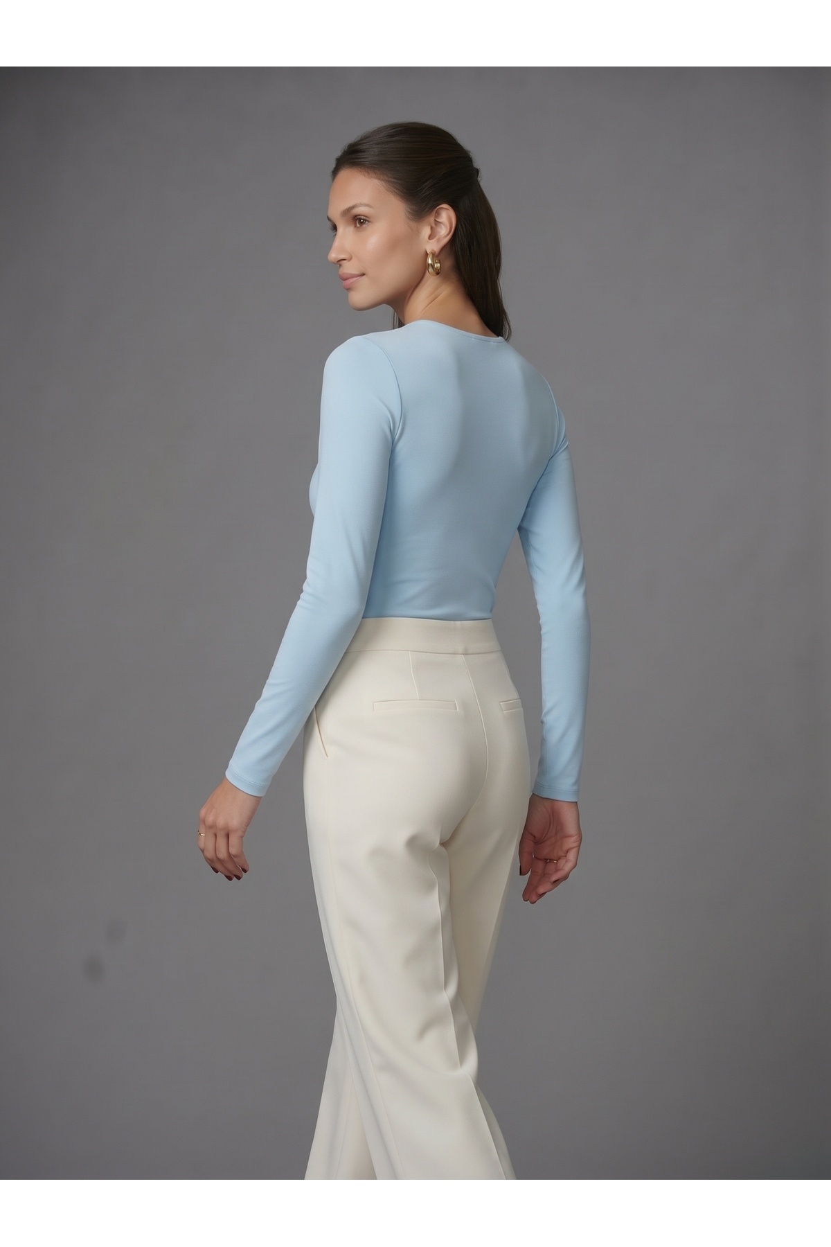 Kadın Uzun Kollu Bisiklet Yaka Çıtçıtlı Slim Fit Esnek Bodysuit - Mavi 3