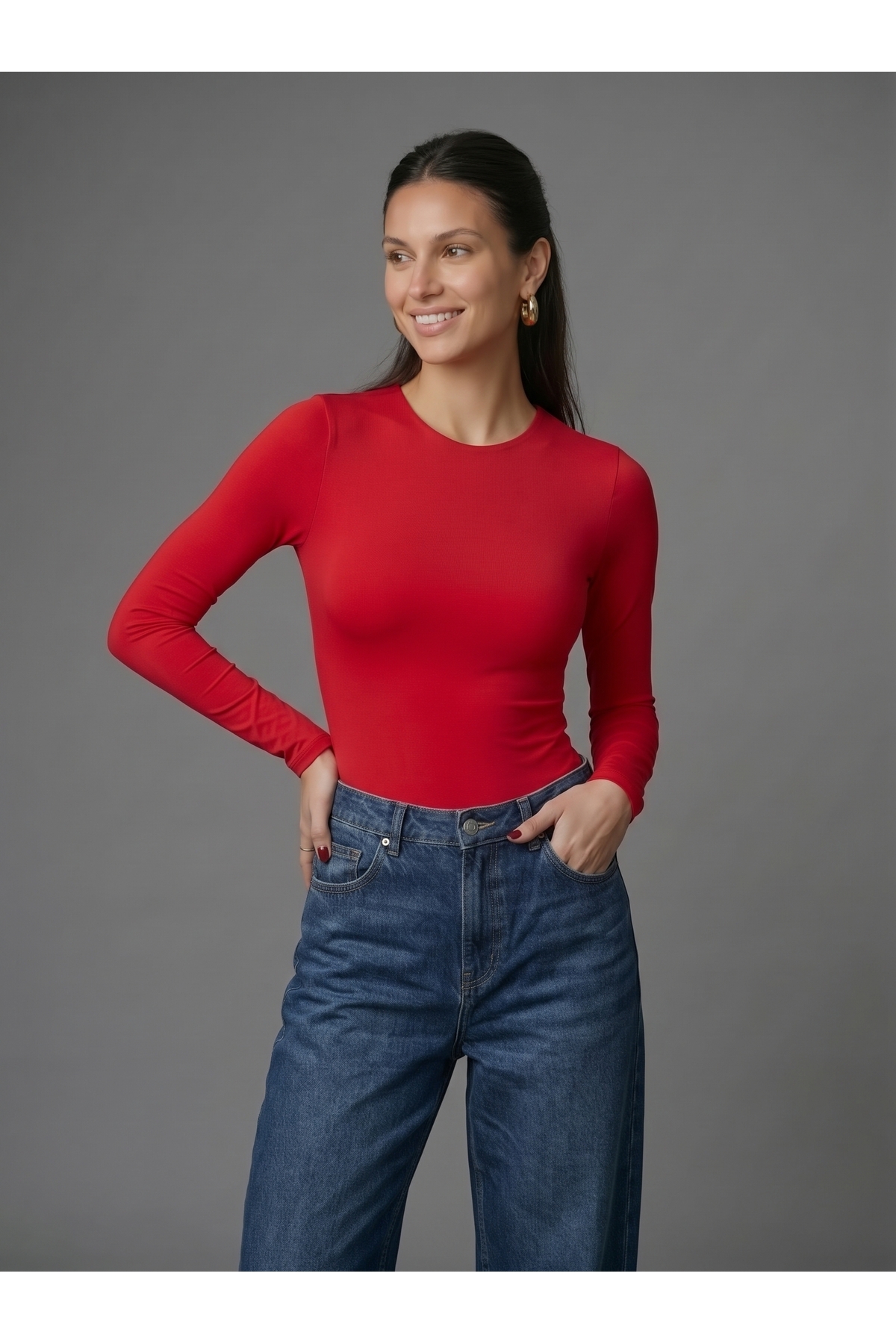 Kadın Uzun Kollu Bisiklet Yaka Çıtçıtlı Slim Fit Esnek Bodysuit - Kırmızı