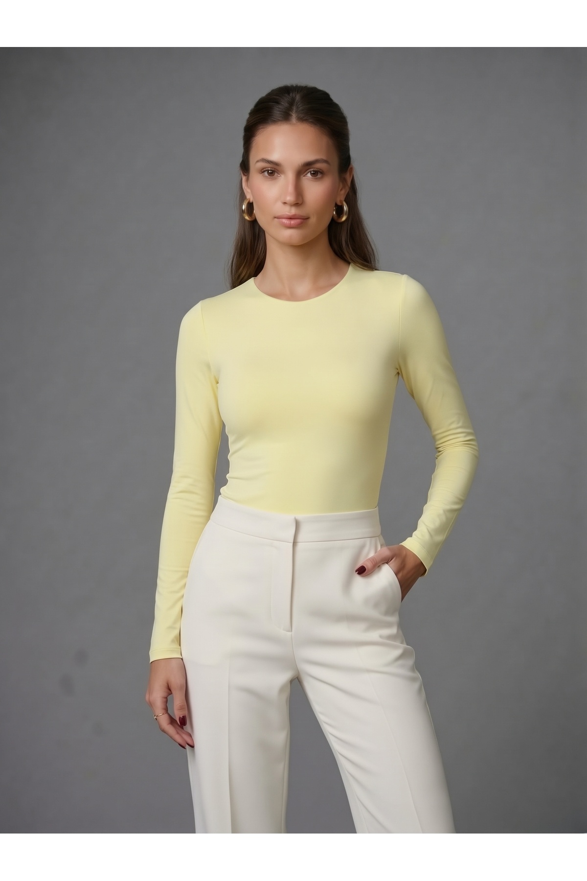 Kadın Uzun Kollu Bisiklet Yaka Çıtçıtlı Slim Fit Esnek Bodysuit - Sarı 3
