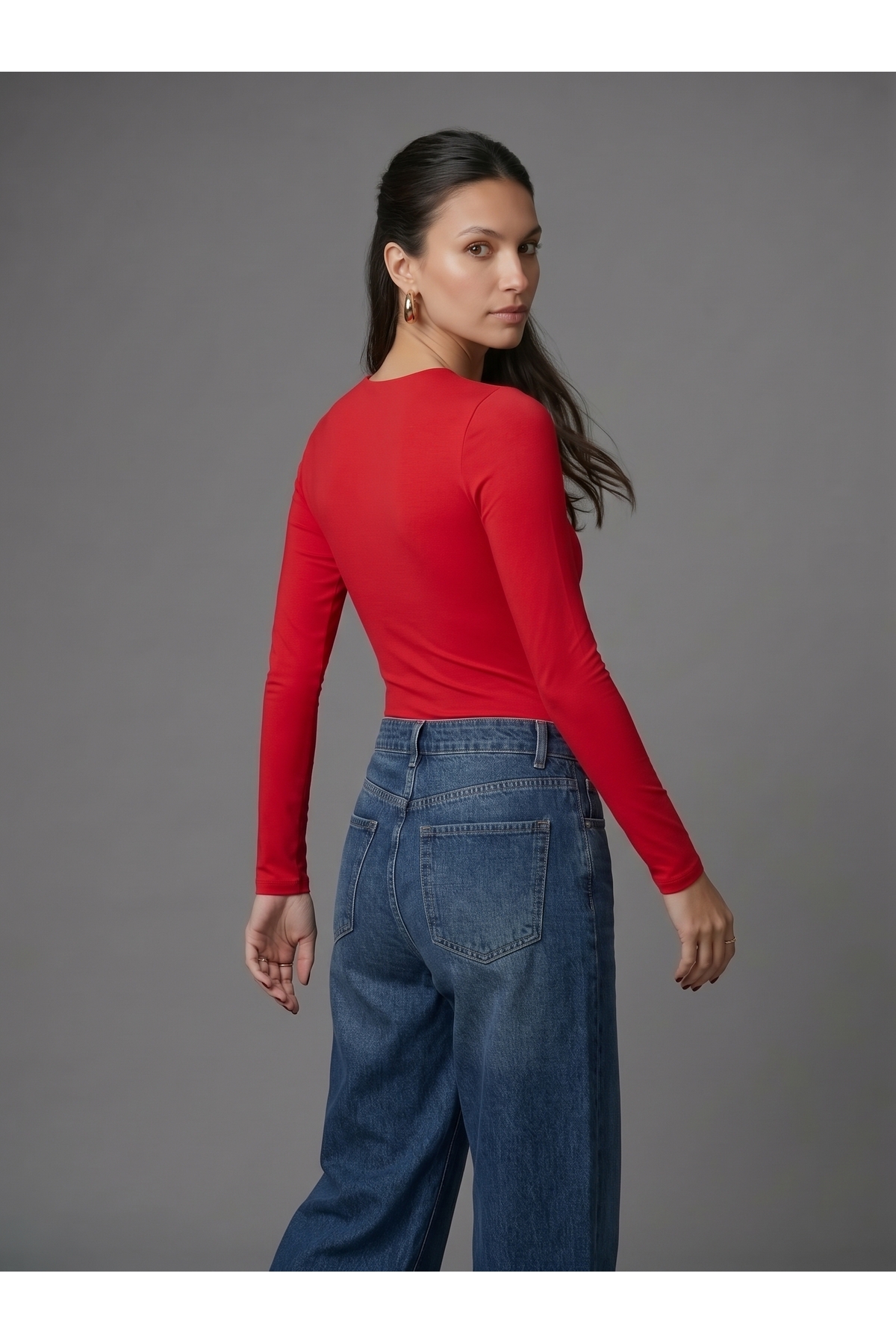 Kadın Uzun Kollu Bisiklet Yaka Çıtçıtlı Slim Fit Esnek Bodysuit - Kırmızı 3