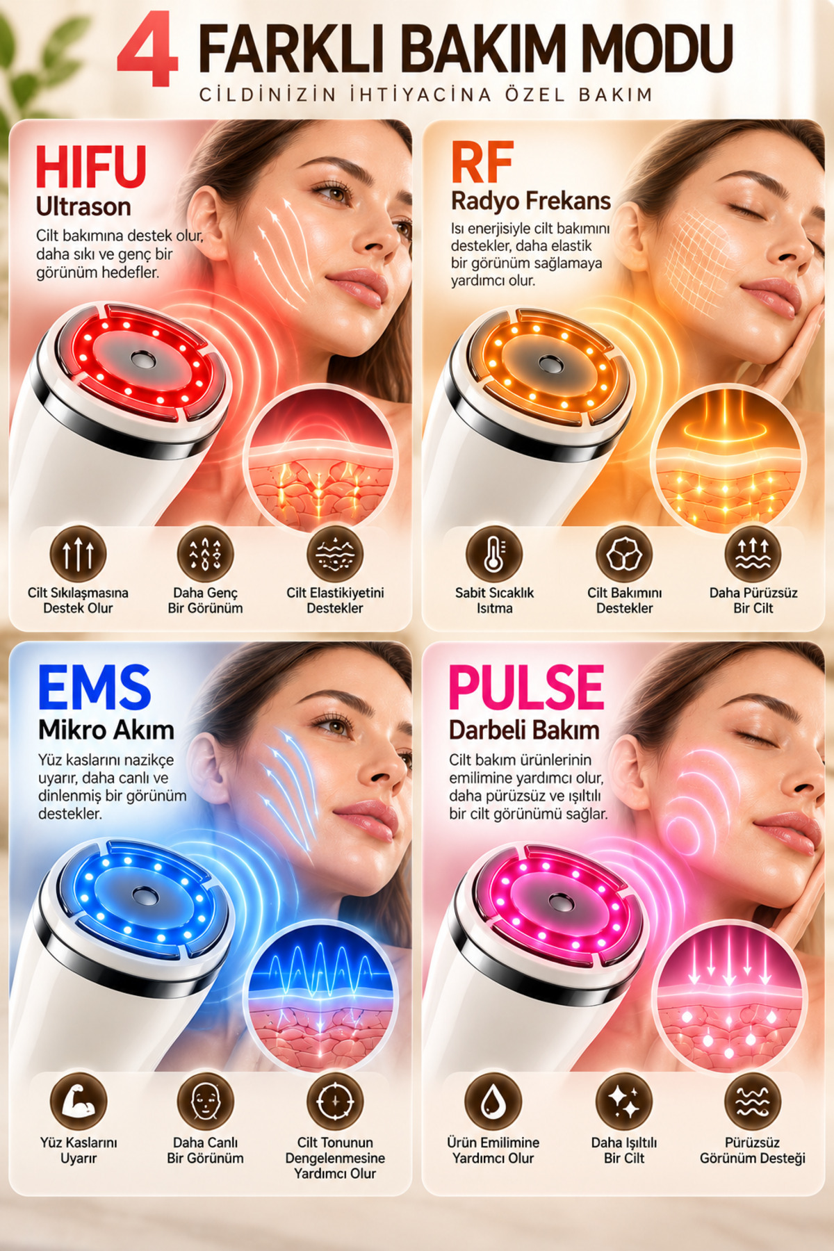Akıllı RF EMS Yüz Bakım Cihazı 4 Modlu HIFU Ultrason LED Işıklı Cilt Bakım ve Yüz Masaj Aleti — سفید yüzzskincare — تصویر 7 از 7