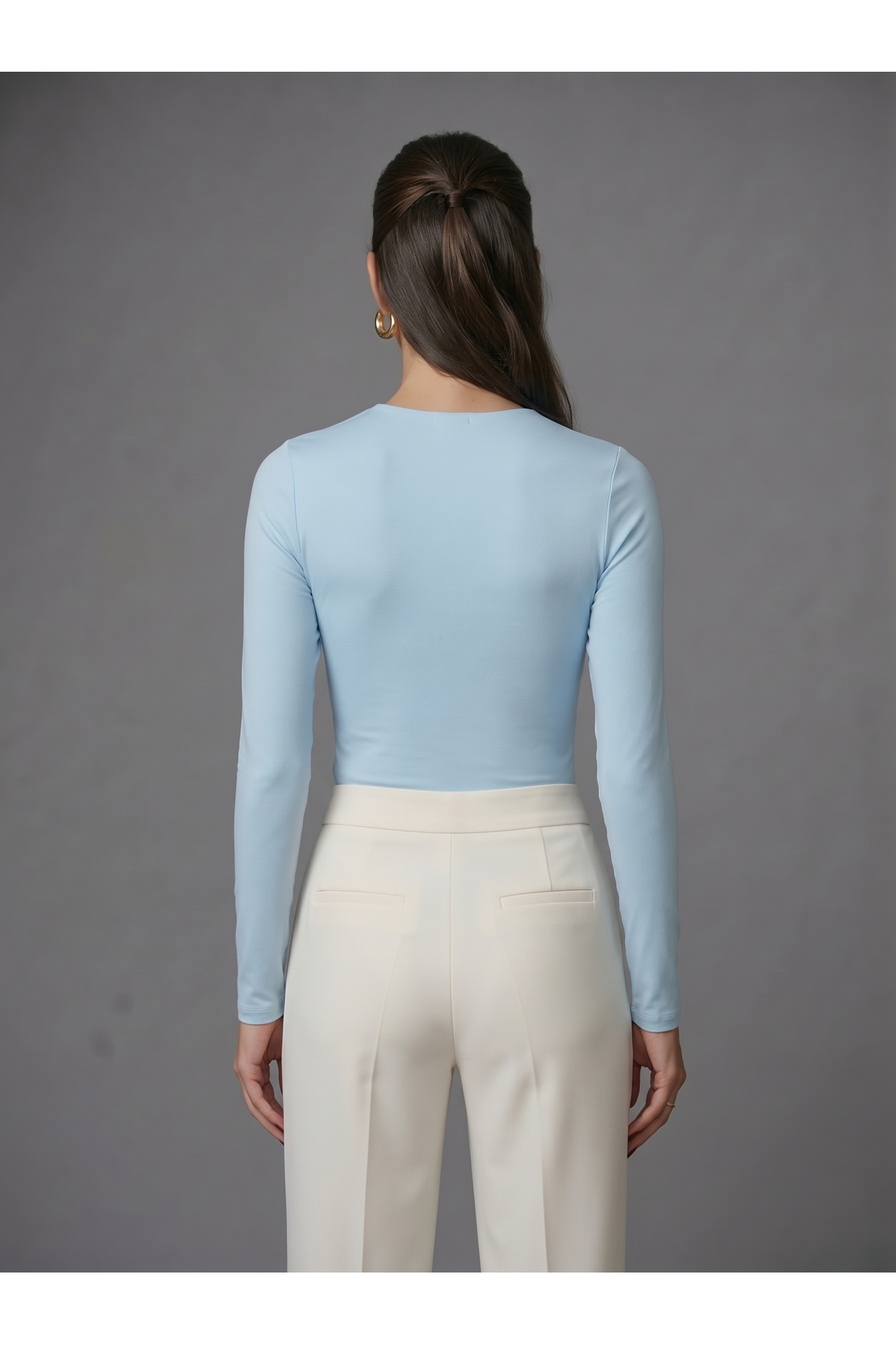 Kadın Uzun Kollu Bisiklet Yaka Çıtçıtlı Slim Fit Esnek Bodysuit - Mavi 4