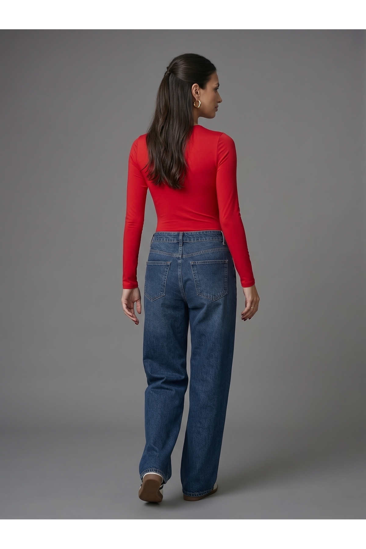 Kadın Uzun Kollu Bisiklet Yaka Çıtçıtlı Slim Fit Esnek Bodysuit - Kırmızı 4