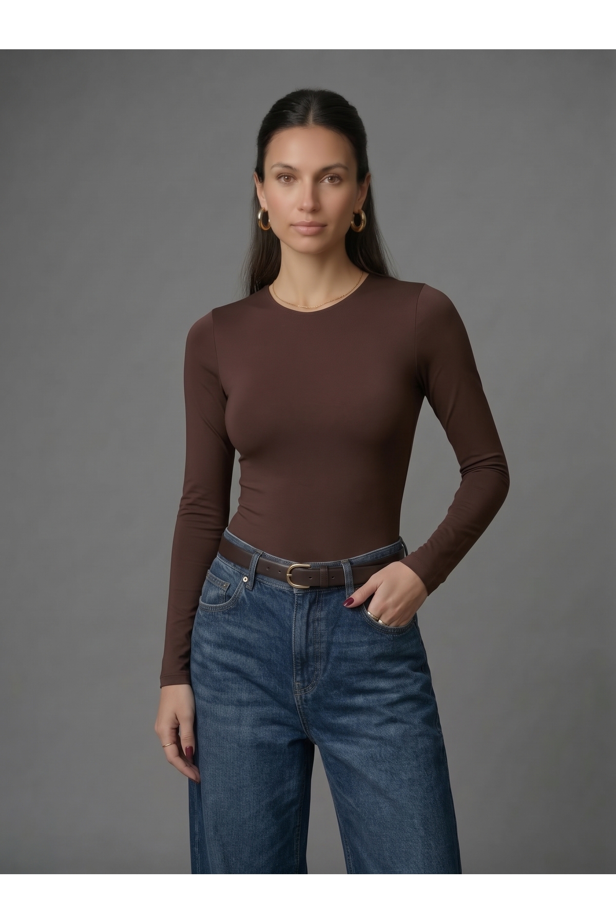 Kadın Uzun Kollu Bisiklet Yaka Çıtçıtlı Slim Fit Esnek Bodysuit - Kahverengi