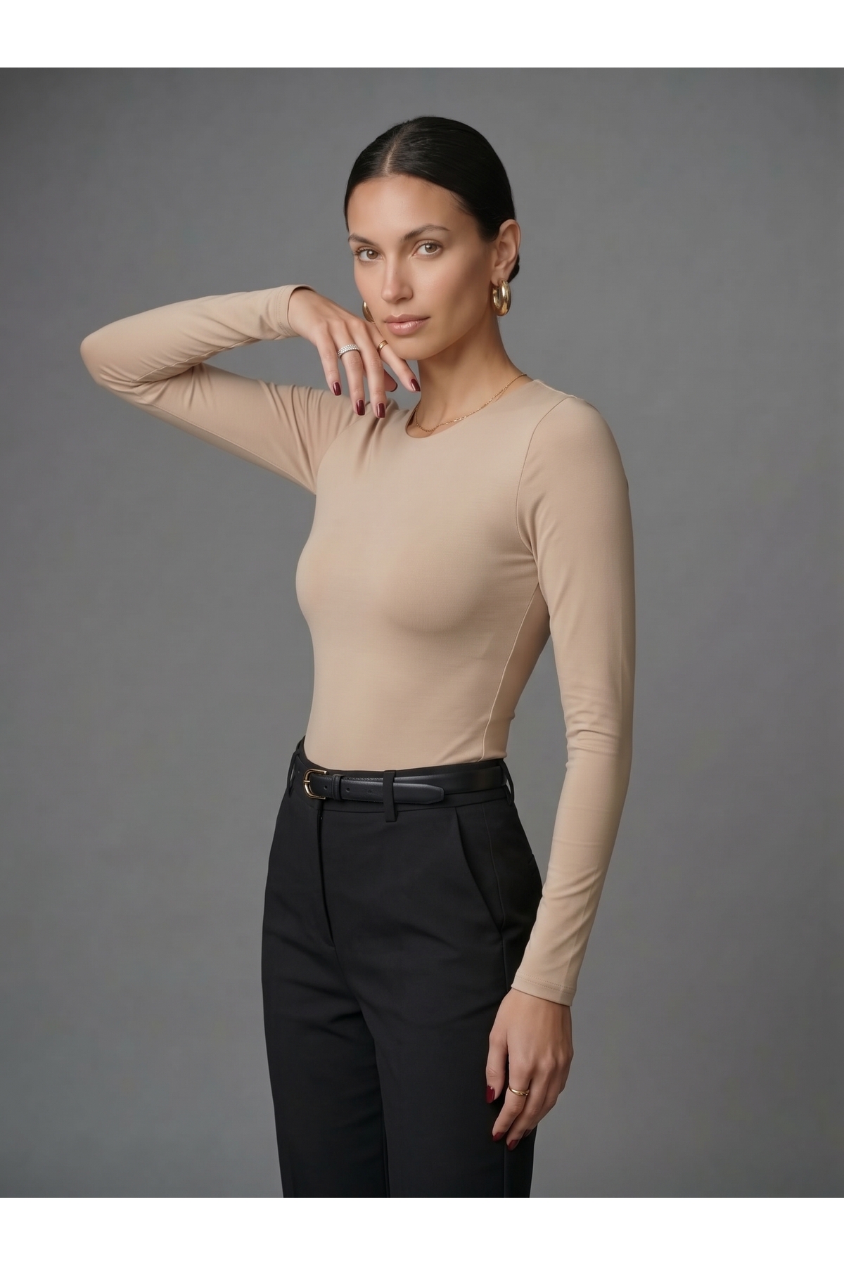 Kadın Uzun Kollu Bisiklet Yaka Çıtçıtlı Slim Fit Esnek Bodysuit - Bej 4