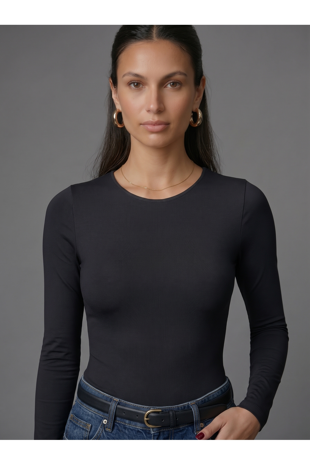 Kadın Uzun Kollu Bisiklet Yaka Çıtçıtlı Slim Fit Esnek Bodysuit - Siyah 2