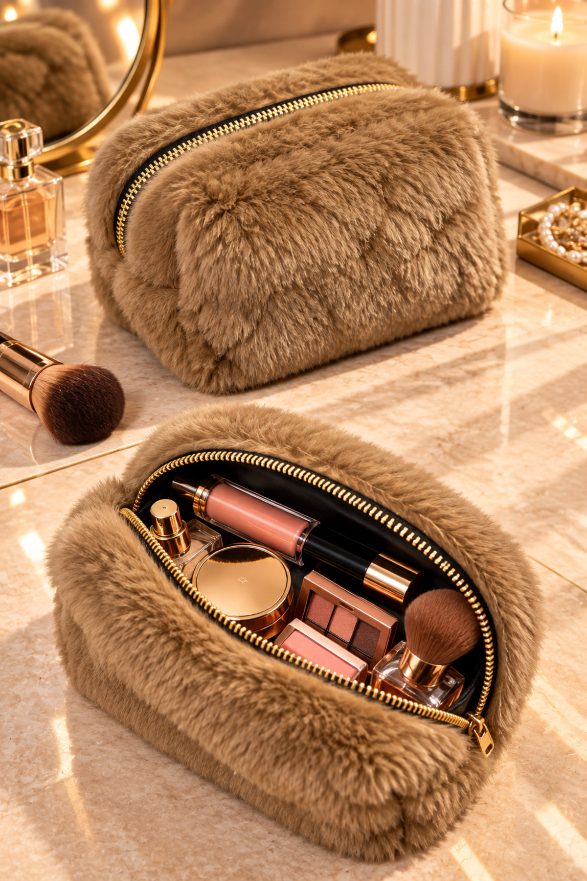 Peluş Makyaj Çantası – Yumuşak Dokulu Fermuarlı Geniş Hacimli Kozmetik Organizer — قهوه‌ای PLŞCNTAJF24092026
