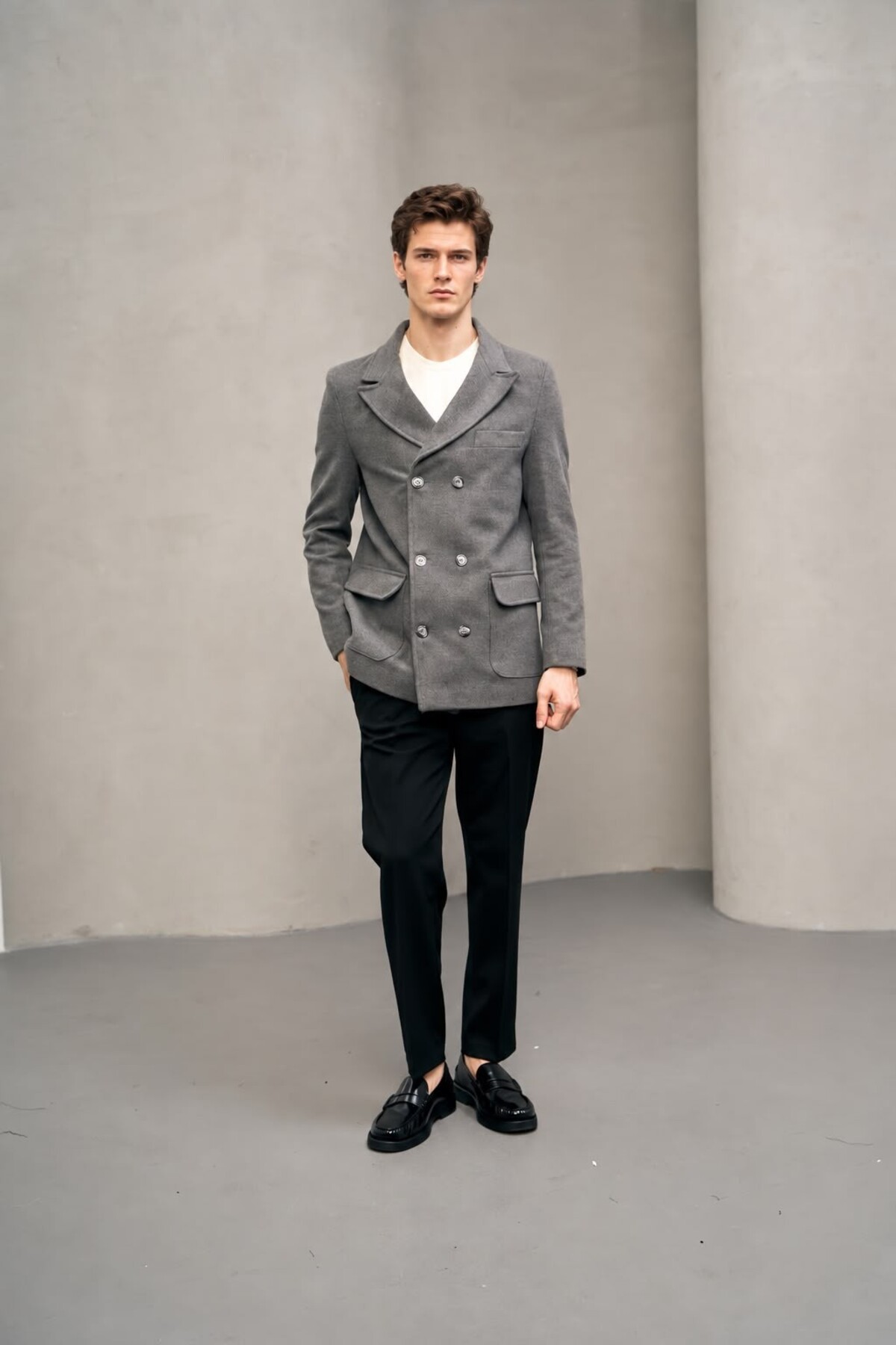 Erkek Gri Kruvaze Çift Düğmeli Blazer Kaban — خاکستری 1410 — تصویر 2 از 6