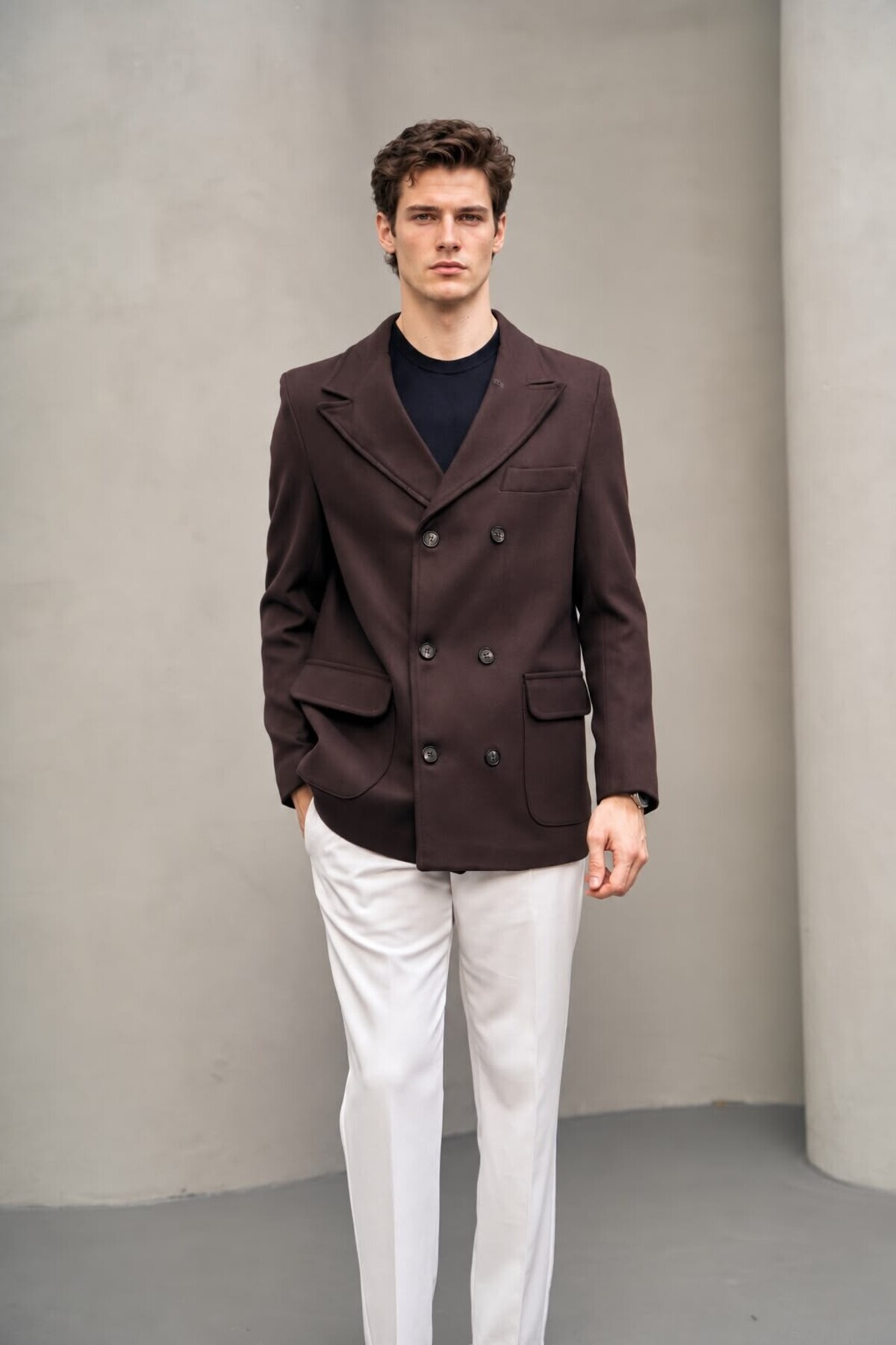 Erkek Gri Kruvaze Çift Düğmeli Blazer Kaban — قهوه‌ای 1410 — تصویر 4 از 7