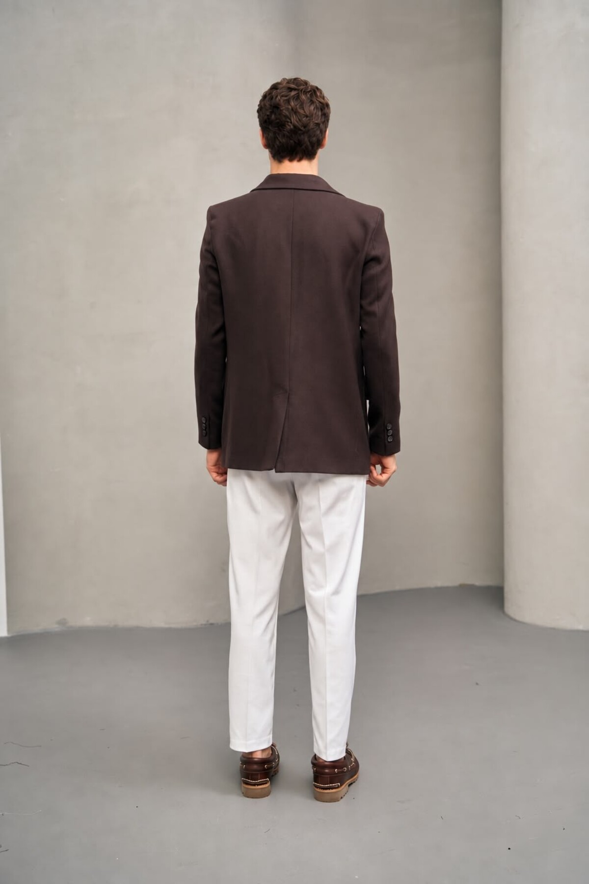 Erkek Gri Kruvaze Çift Düğmeli Blazer Kaban — قهوه‌ای 1410 — تصویر 6 از 7