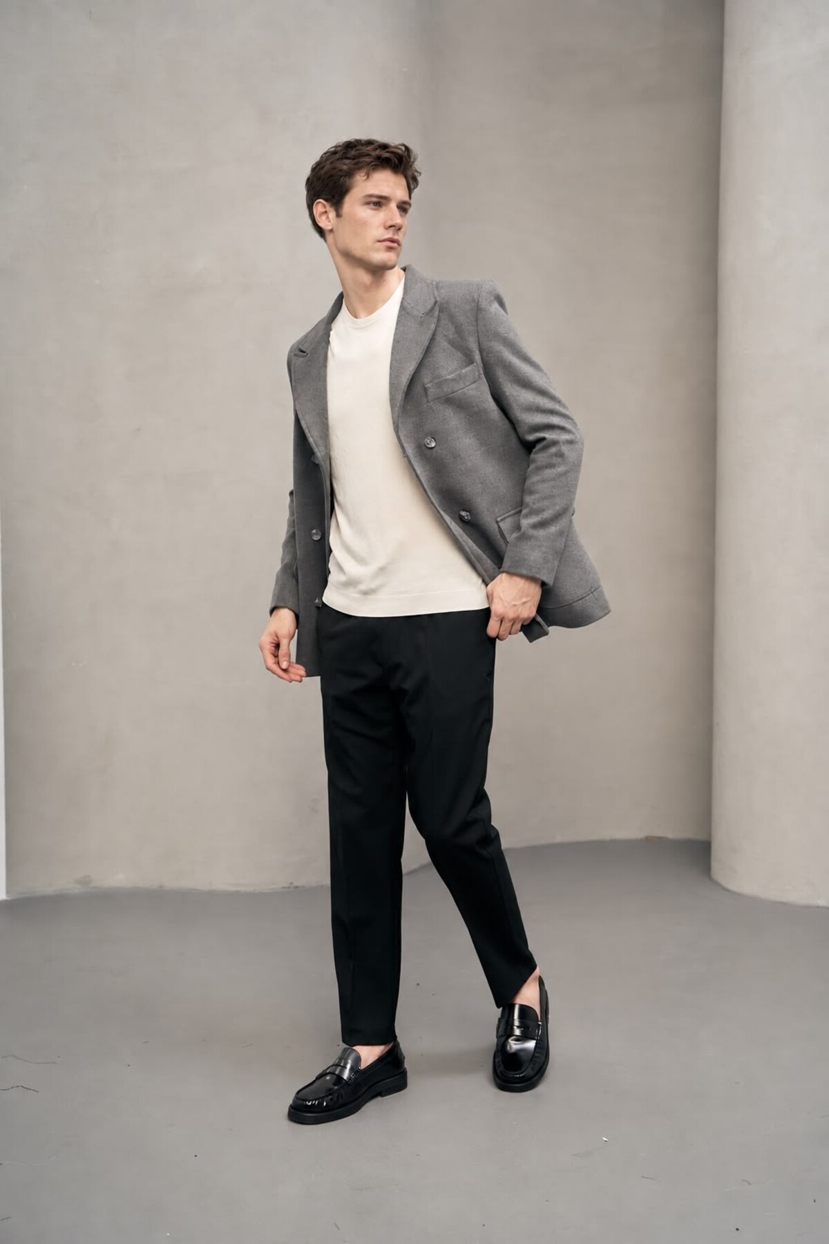 Erkek Gri Kruvaze Çift Düğmeli Blazer Kaban — خاکستری 1410 — تصویر 4 از 6